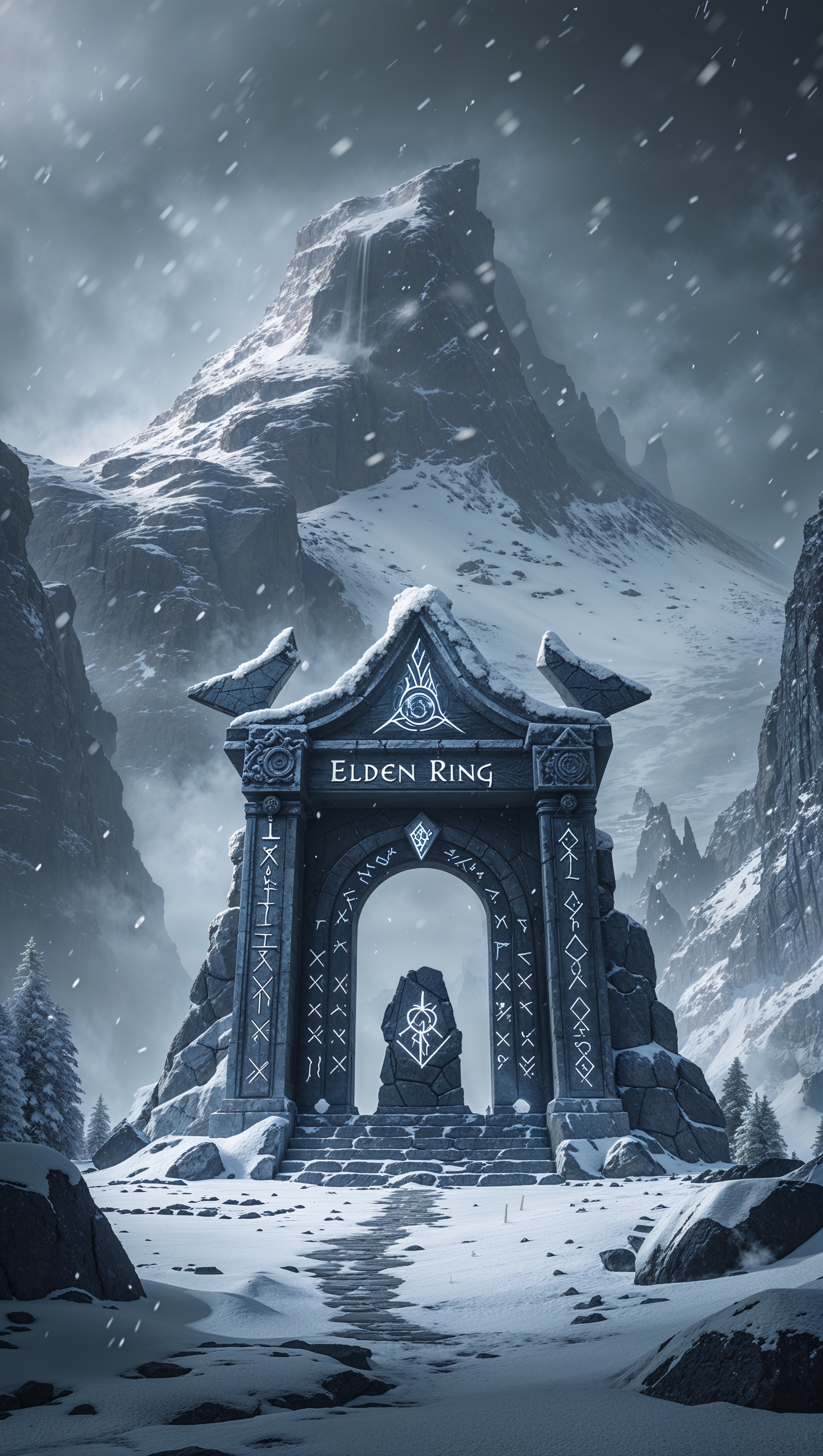 Elden Ring shrine in the middle of a snowy mountain