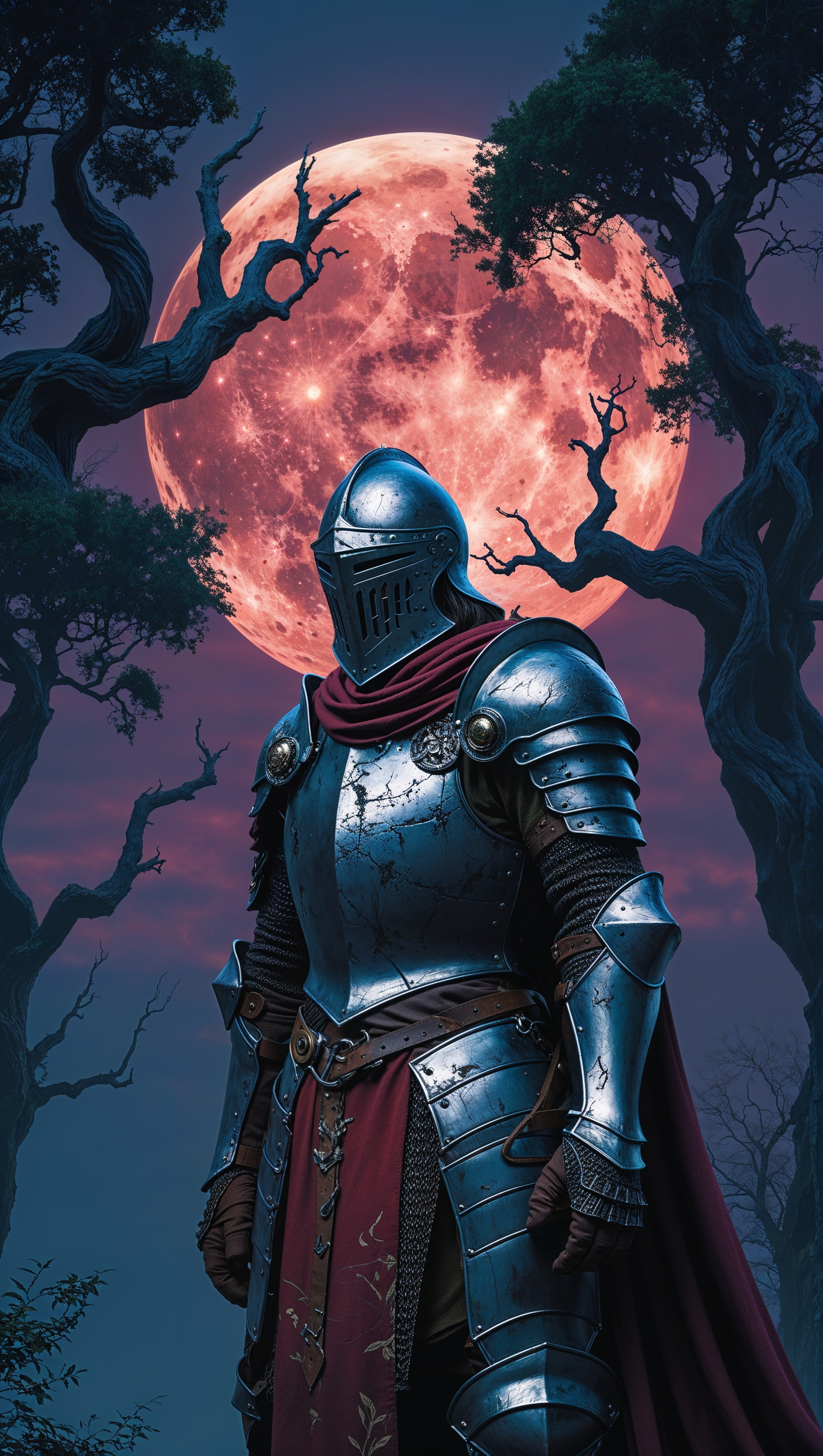 Epic Elden Ring knight standing under a red moon, fantasy background, iPhone wallpaper