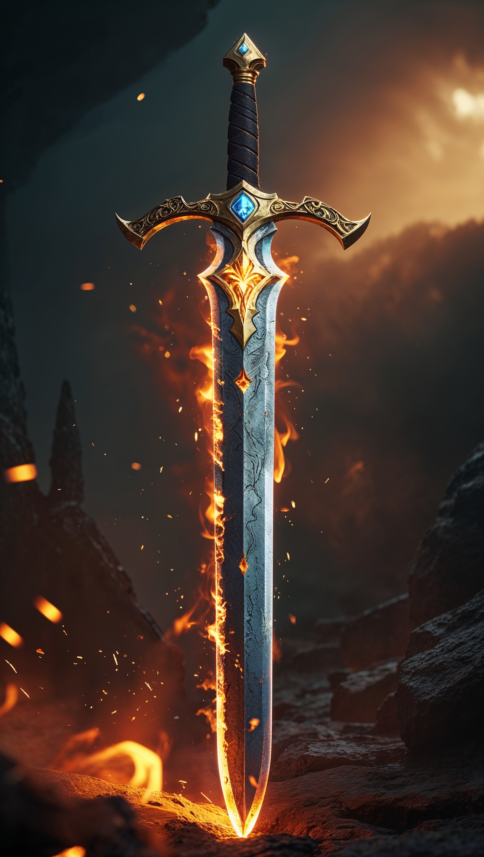 Elden Ring sword glowing with fire, cinematic style, iPhone background