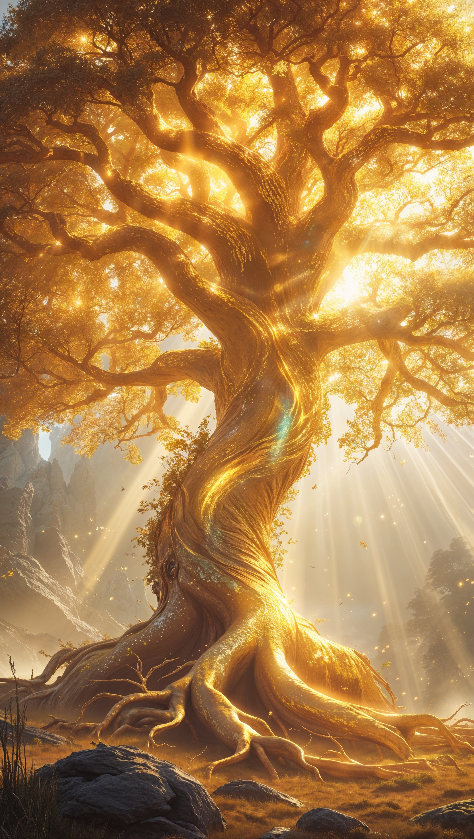 Golden tree from Elden Ring with sunrays, spiritual and epic vibe