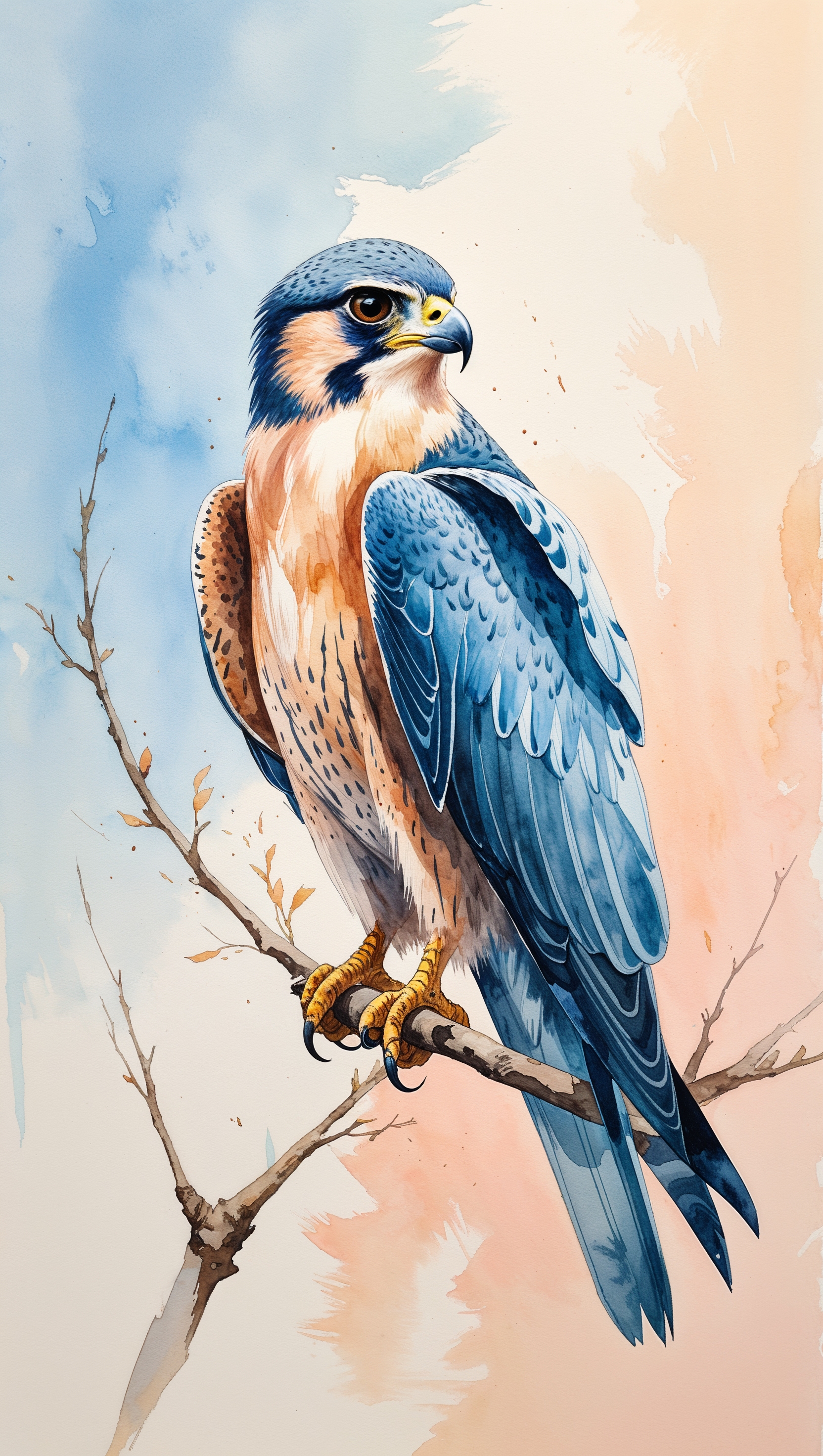 Watercolor painting of a falcon, soft pastel background