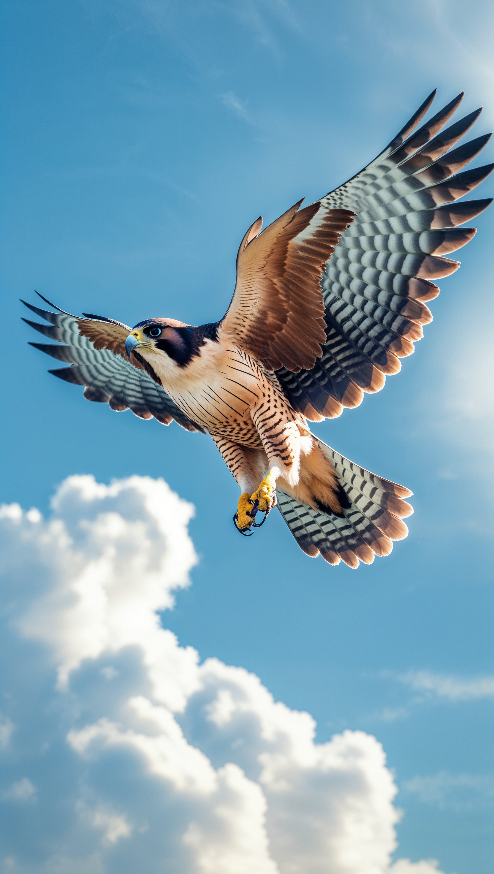 A falcon flying in a clear blue sky with soft clouds, iPhone background