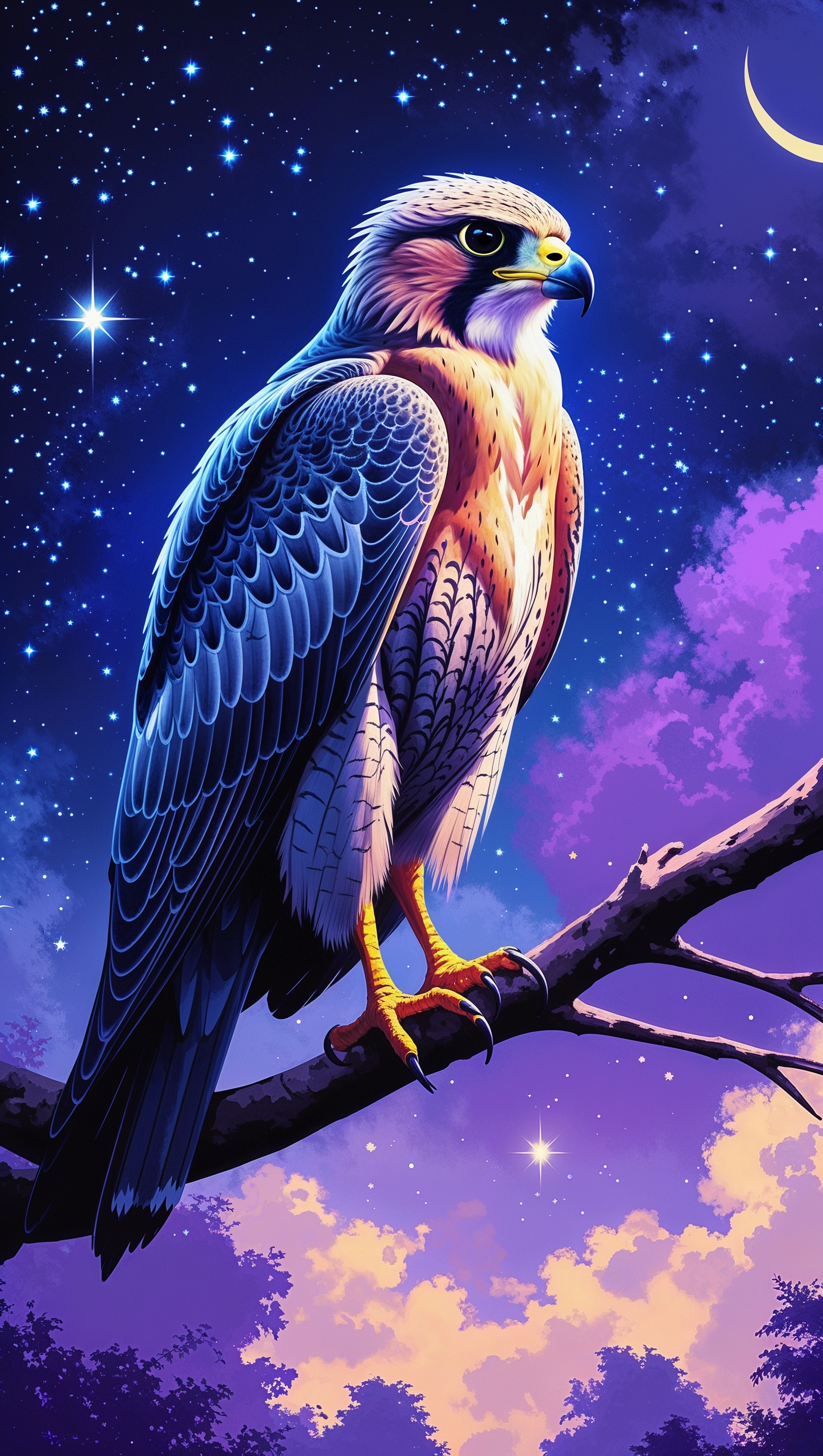 Falcon with a starry night sky background