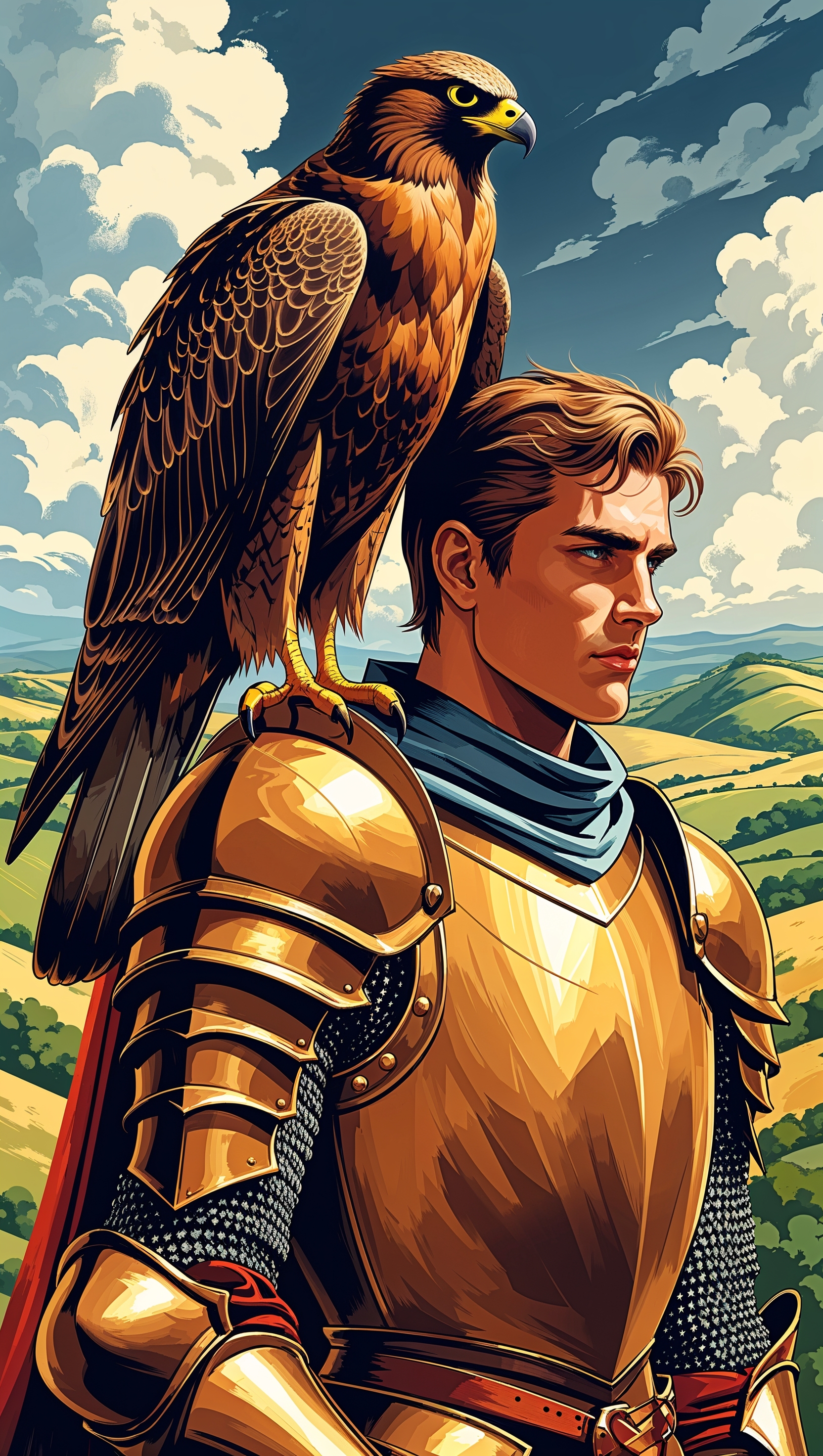 Falcon on a knight’s arm, medieval fantasy style