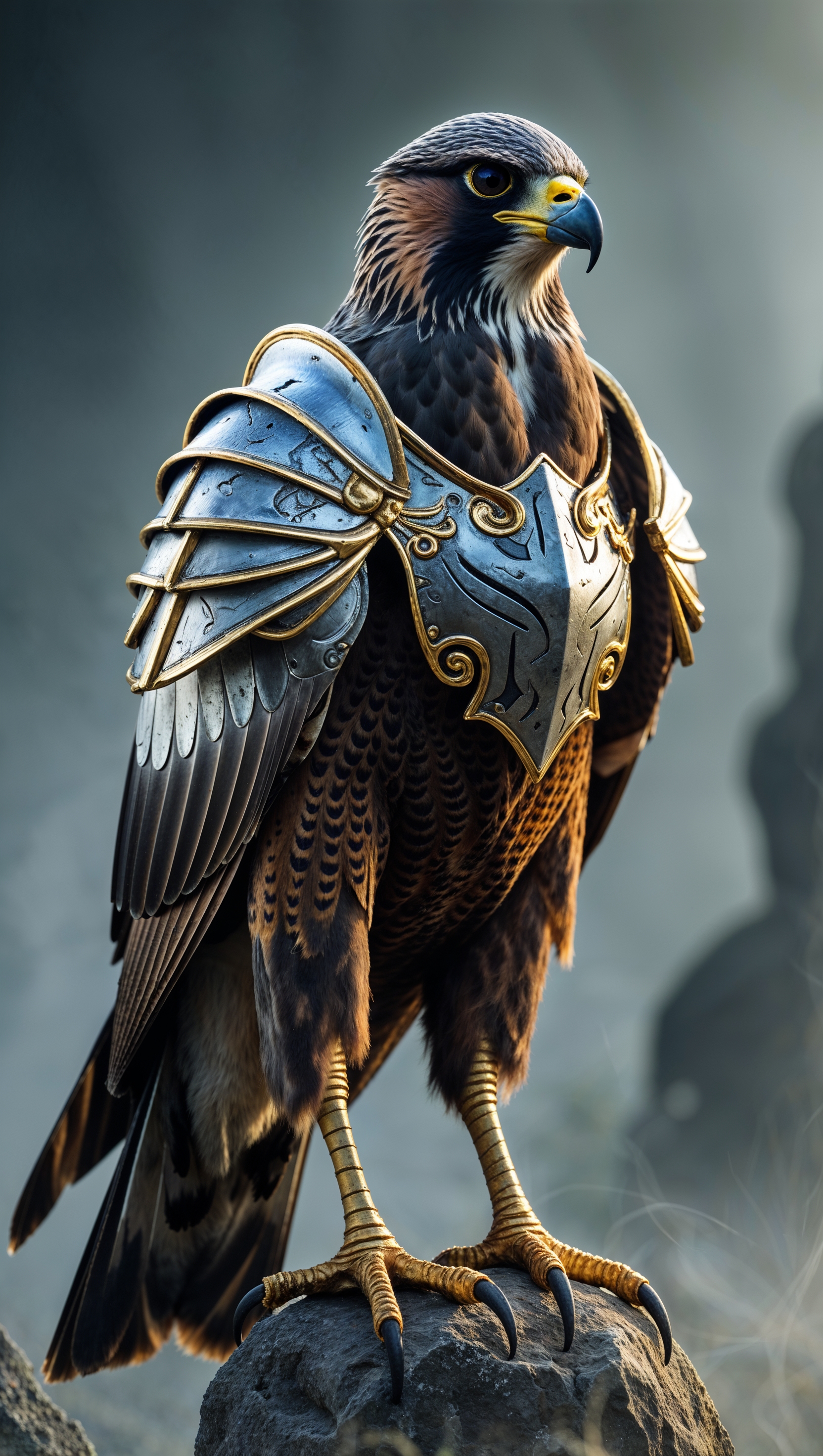 Falcon in metallic armor, fantasy style