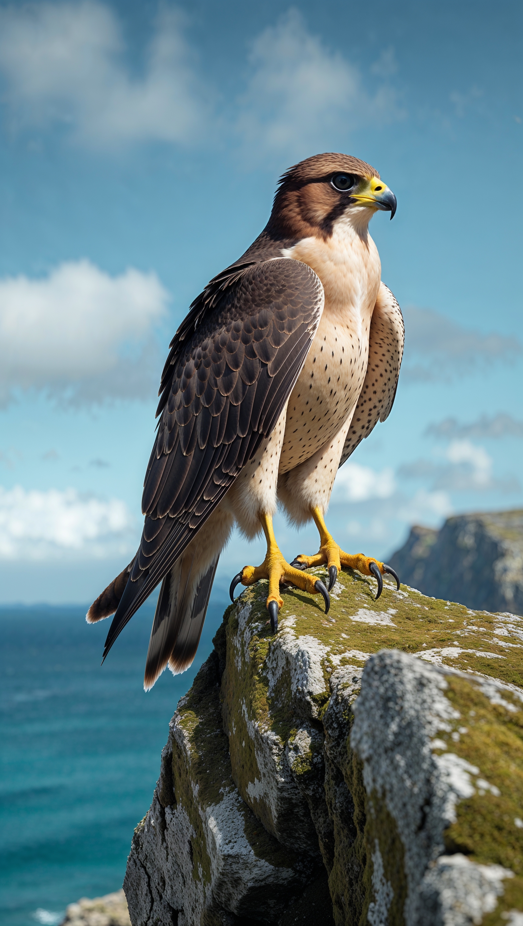 Falcon perched on a rock near the sea