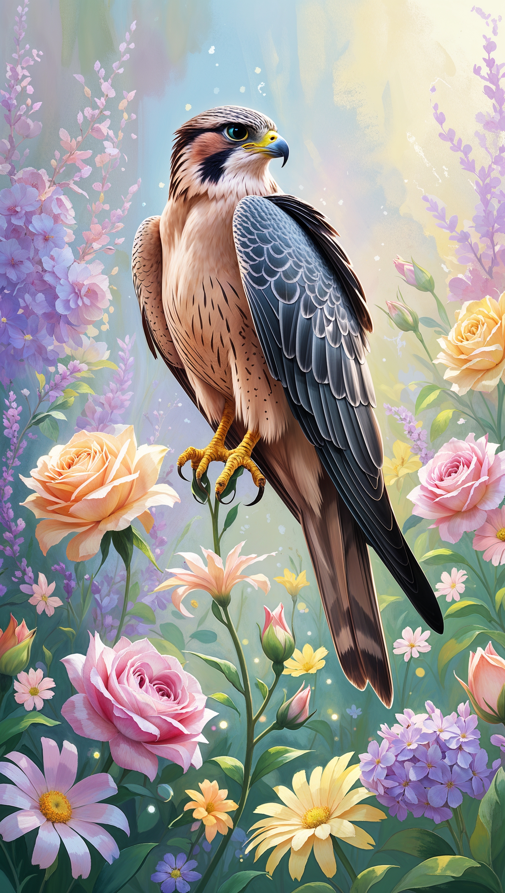 Falcon in a flower garden, dreamy style