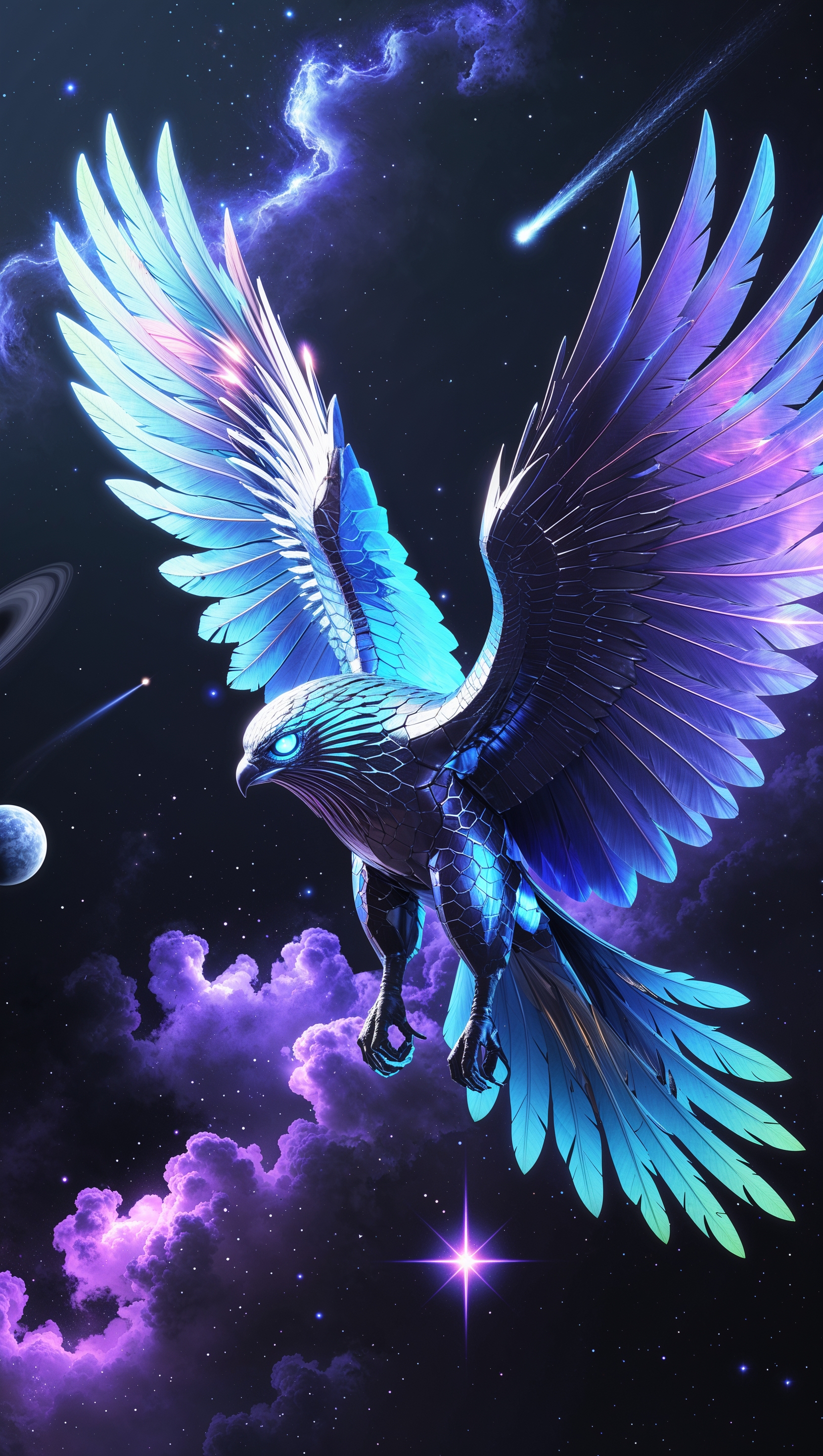 Futuristic falcon in a space-themed background