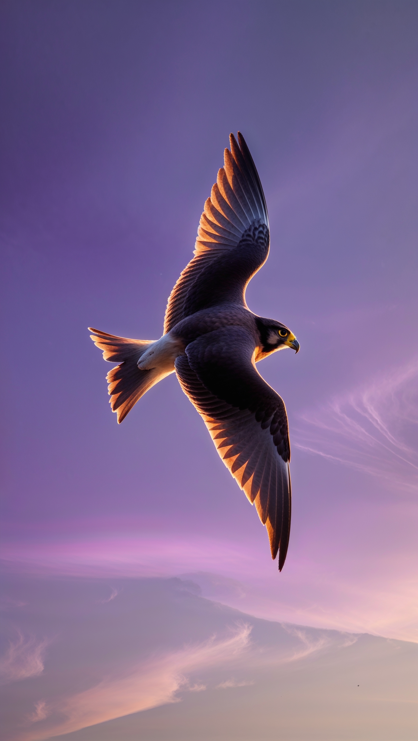 Falcon flying in a purple sunset sky