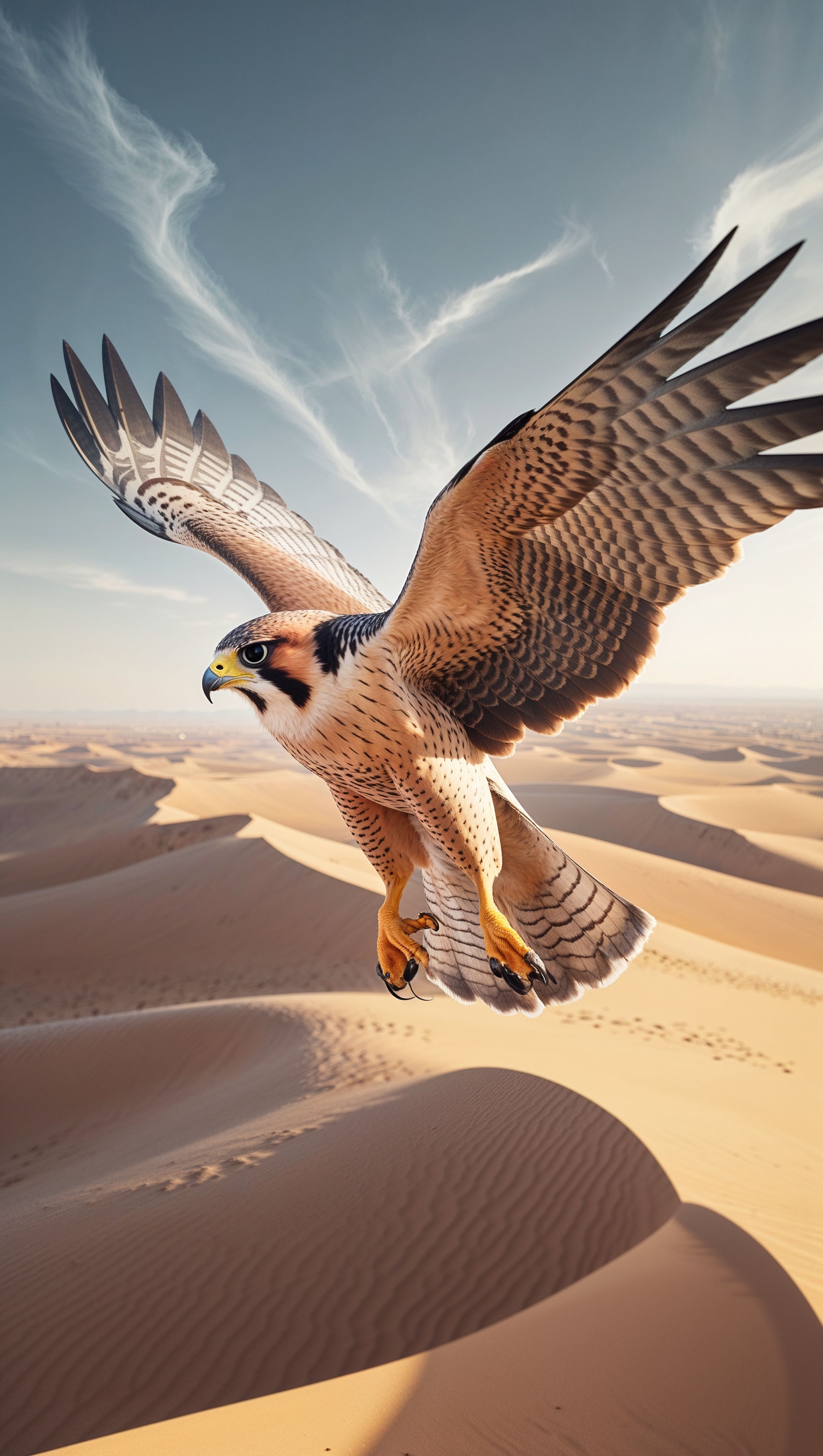 Falcon flying over a sandy desert, natural style