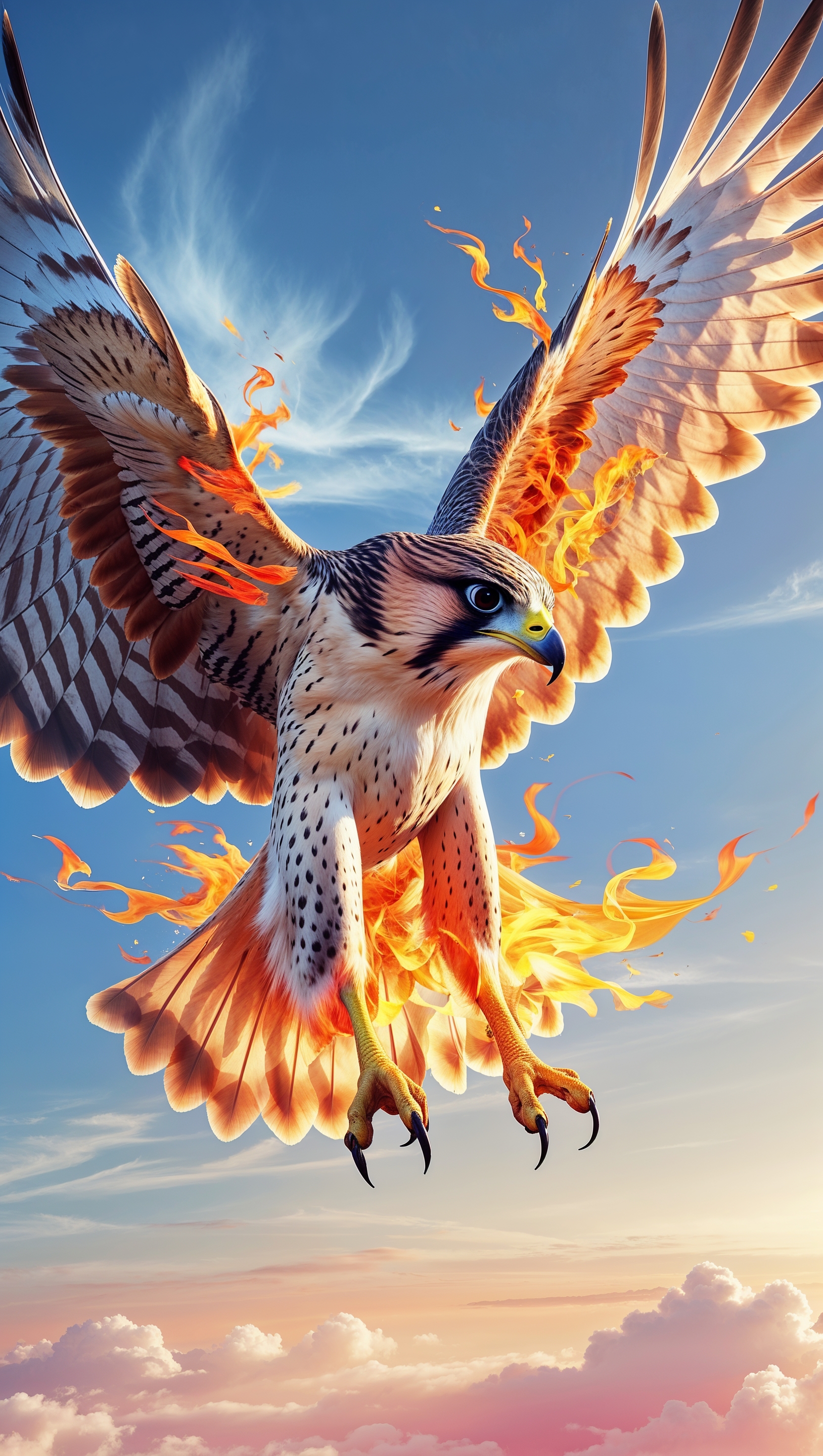 Falcon with flaming wings in the sky