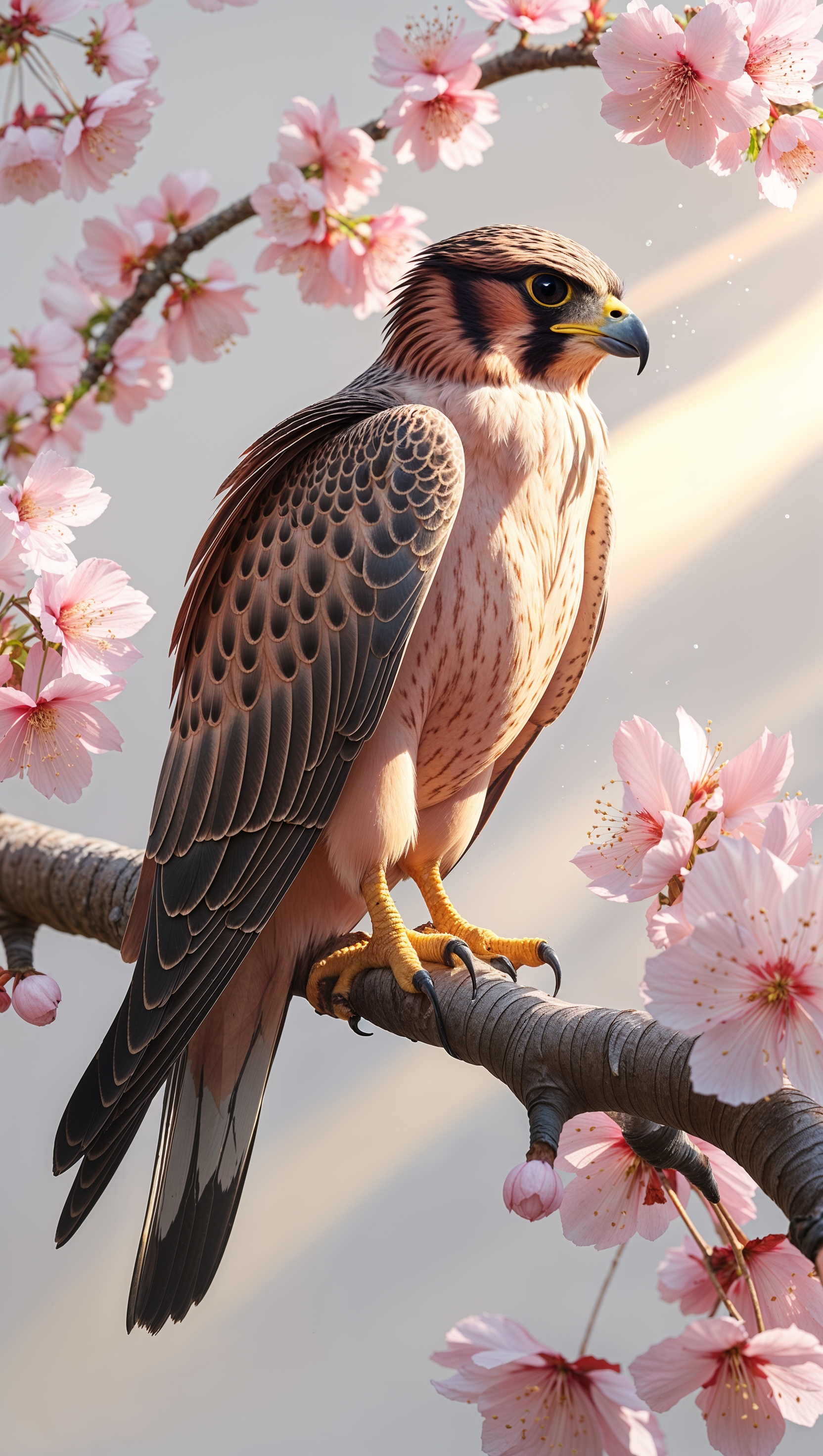 Falcon perched on a cherry blossom branch