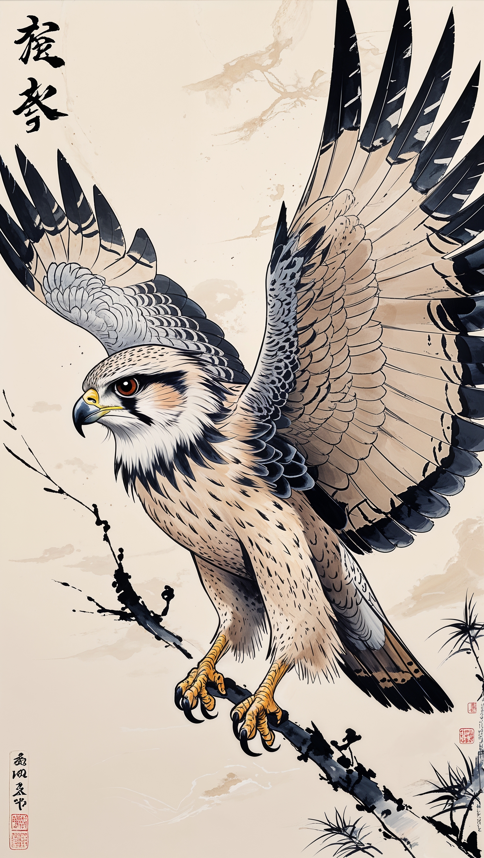 Falcon in traditional Japanese ink painting style