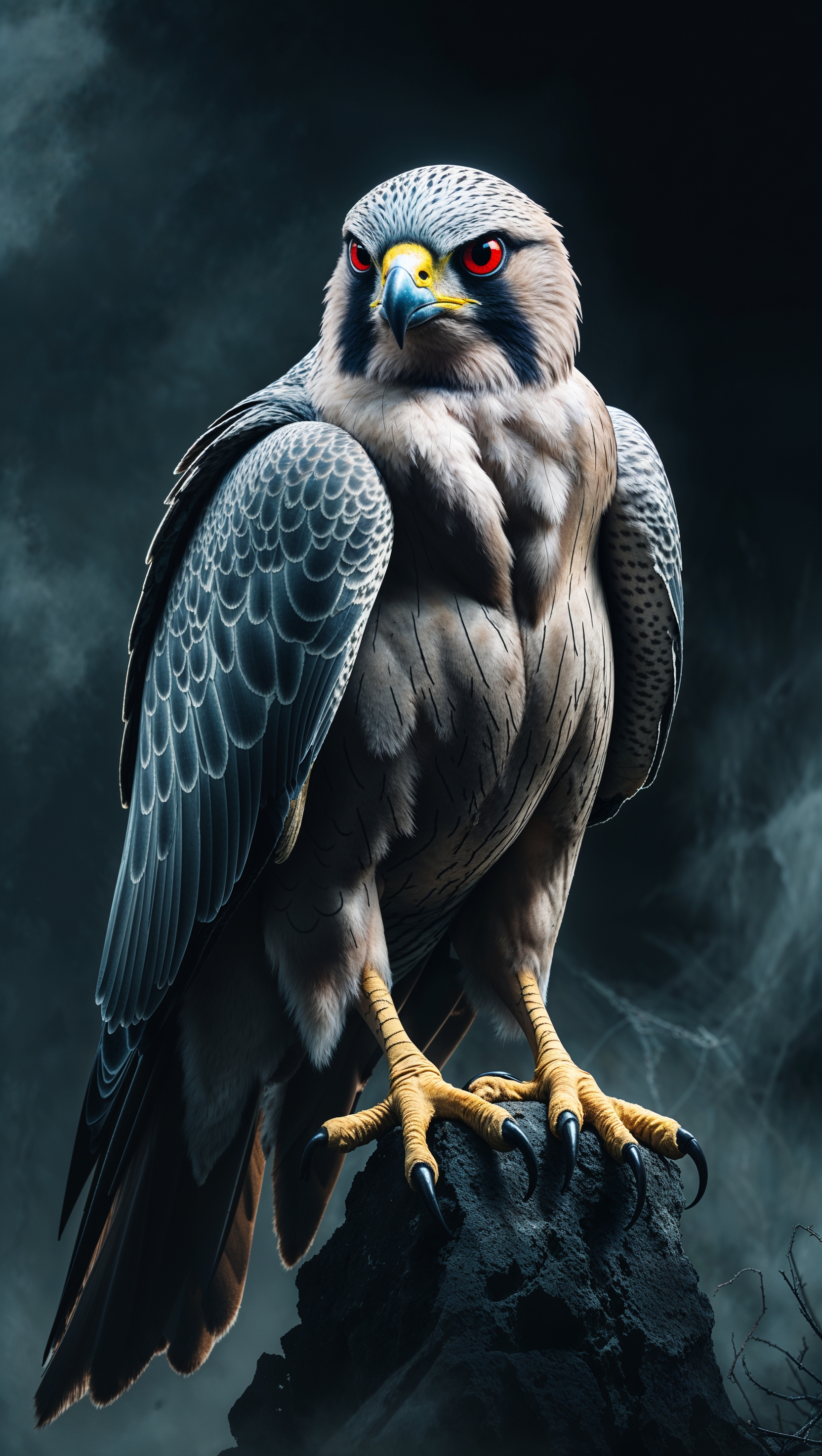Falcon with red eyes, dark and mysterious vibe
