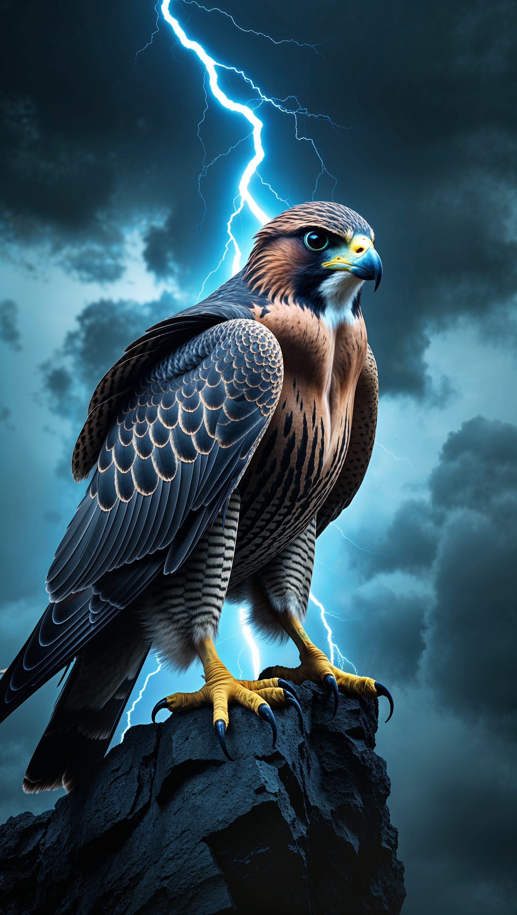 Falcon with lightning in the background, intense mood