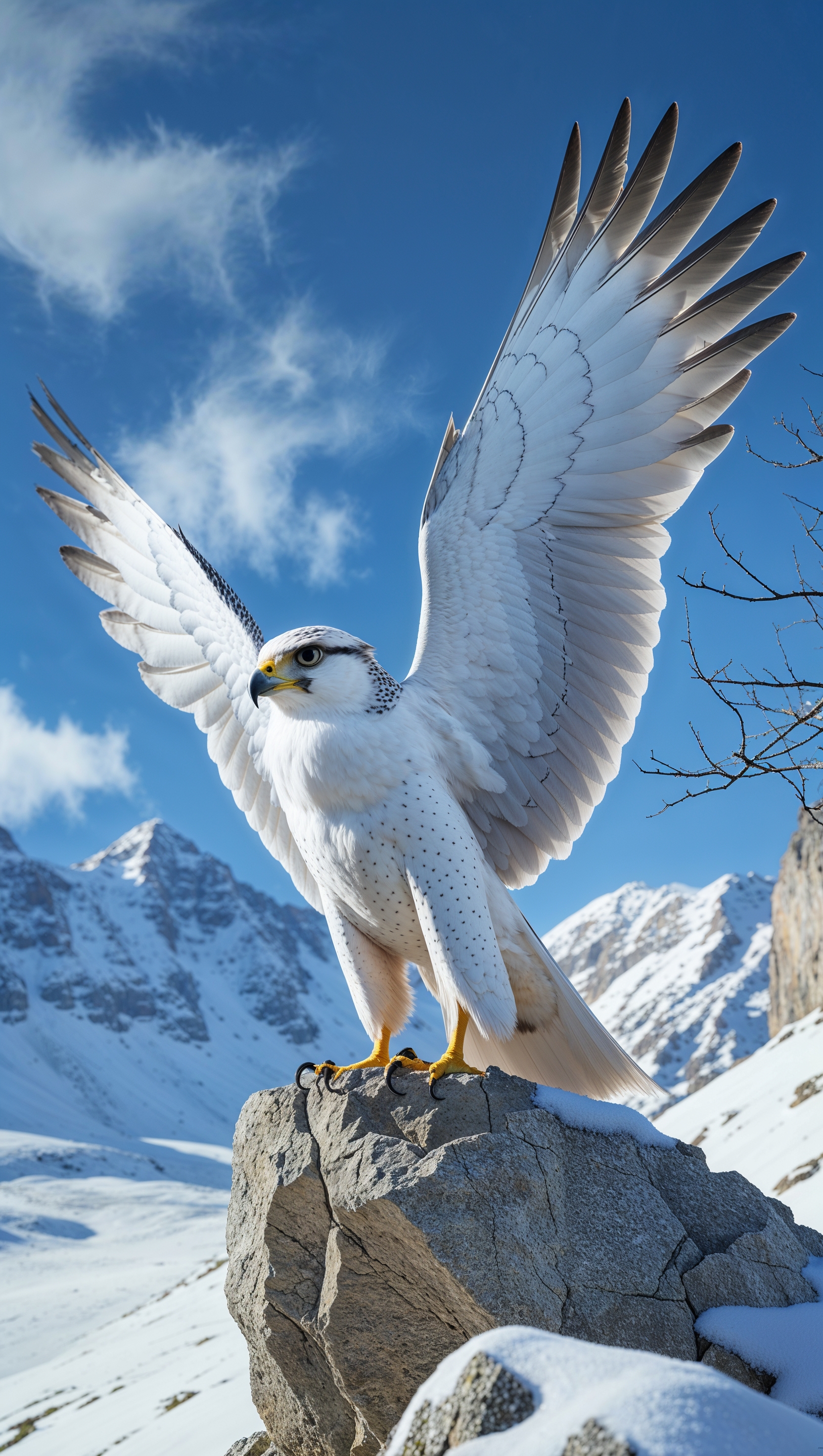White falcon in snowy mountains