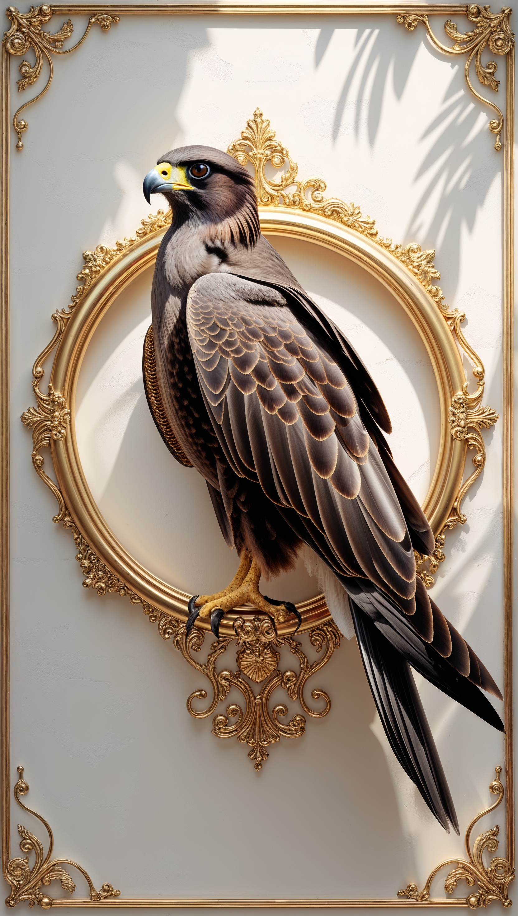 Falcon inside a golden circle frame, artistic design