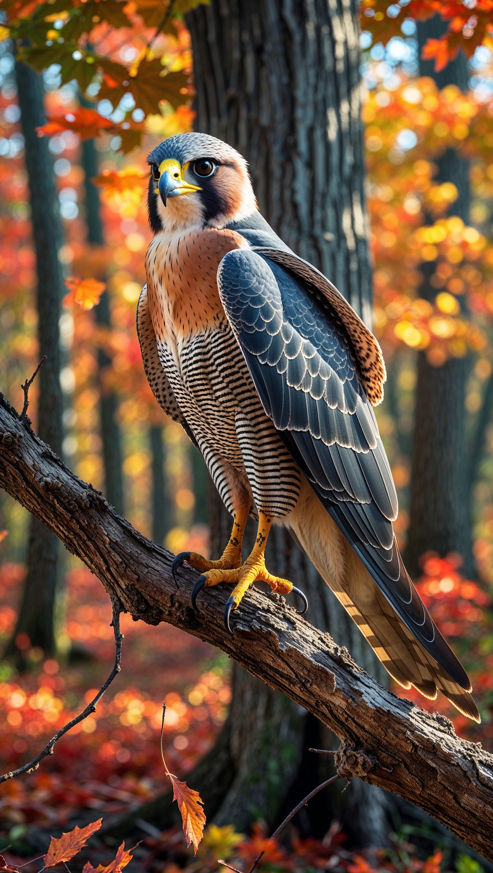 Falcon perched on a dry branch in an autumn forest