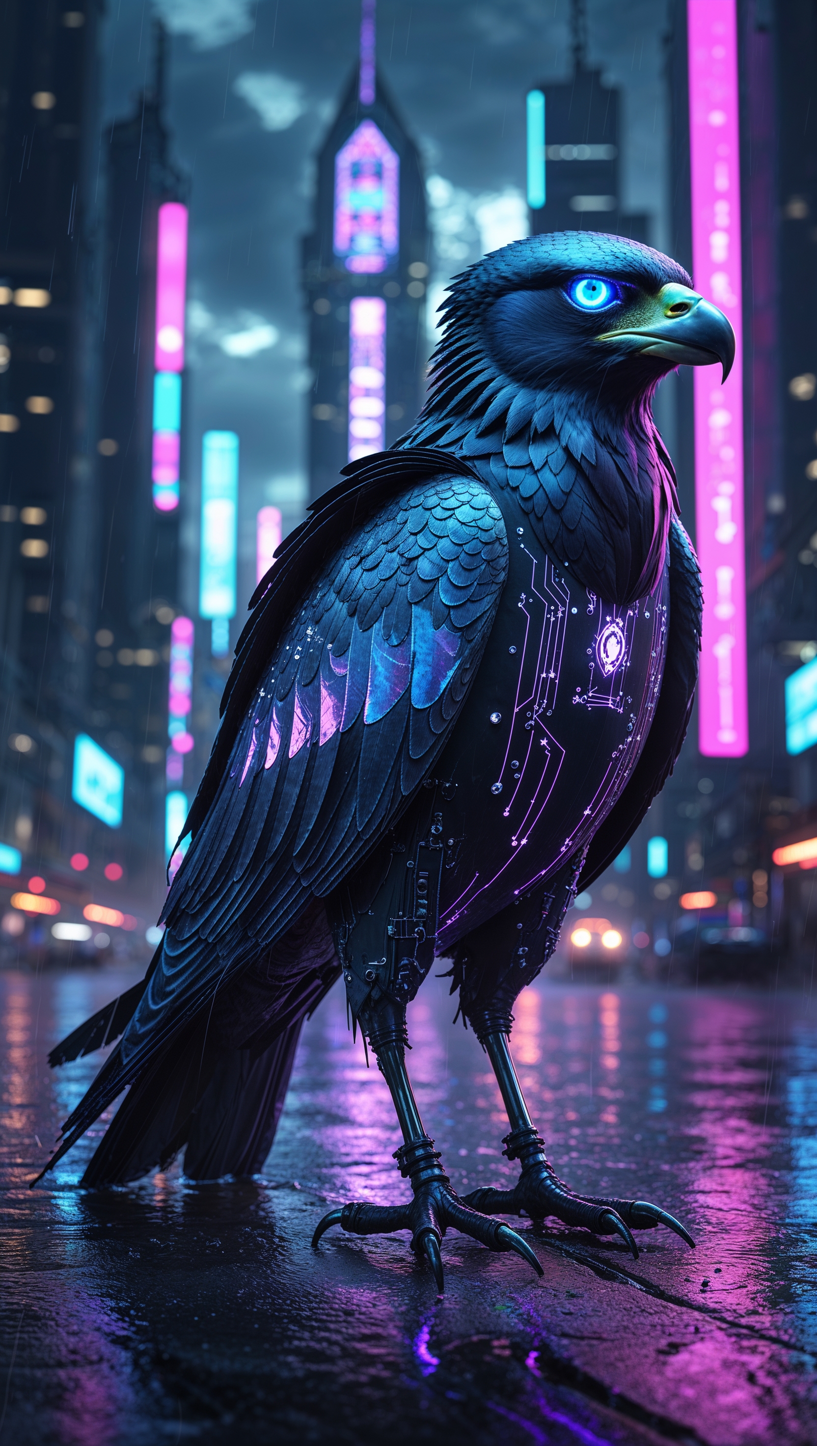 Falcon with glowing eyes, cyberpunk style