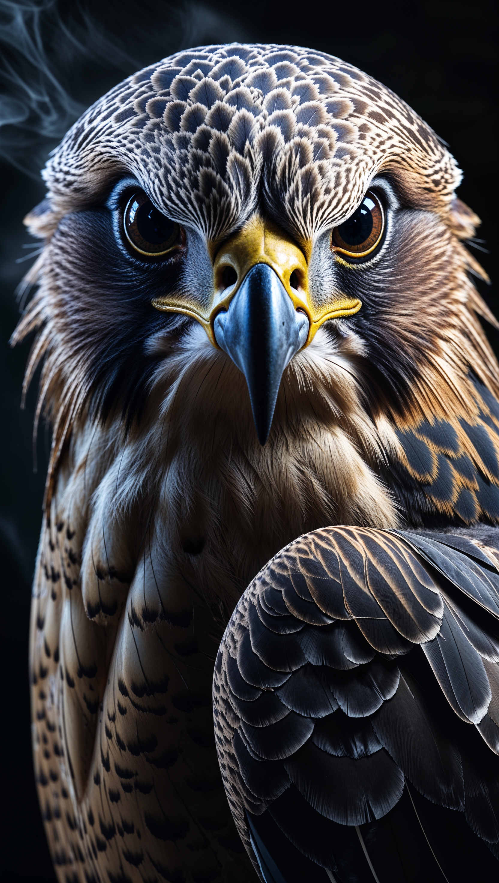 Close-up of a falcon's face with high detail, dark background
