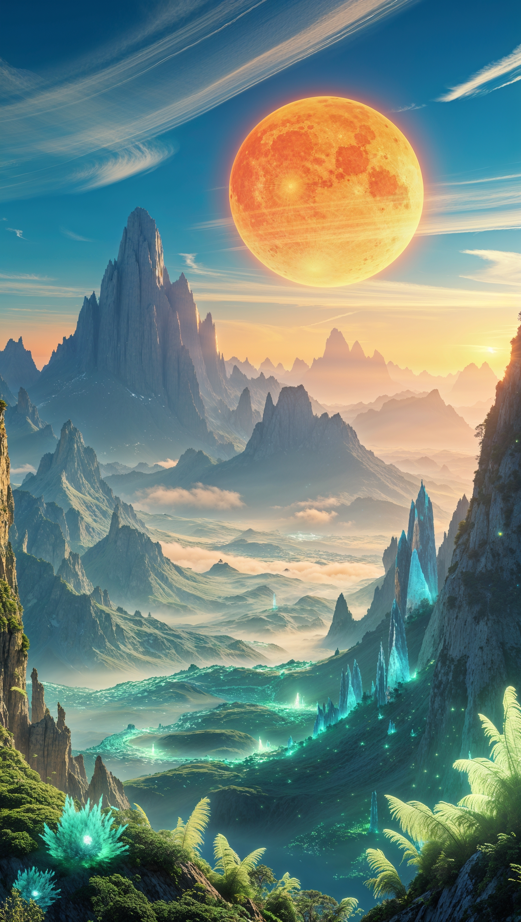 A fictional planet with two suns and floating mountains