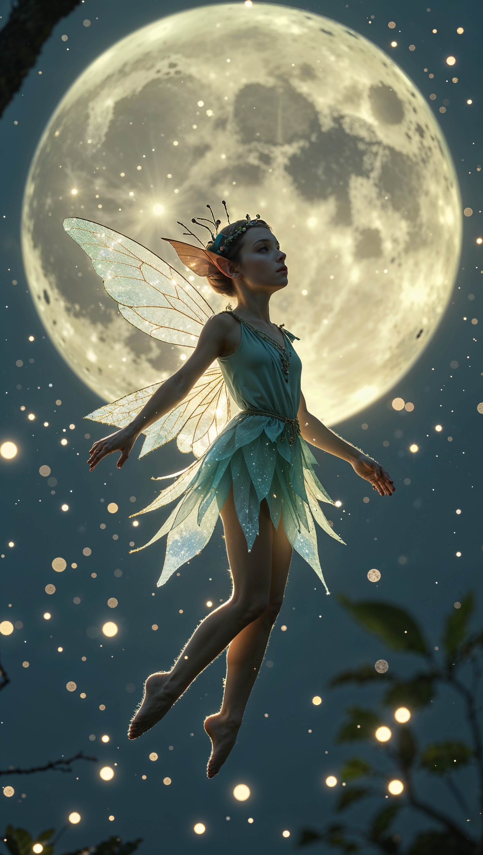A tiny fairy flying in the moonlight, with sparkling wings