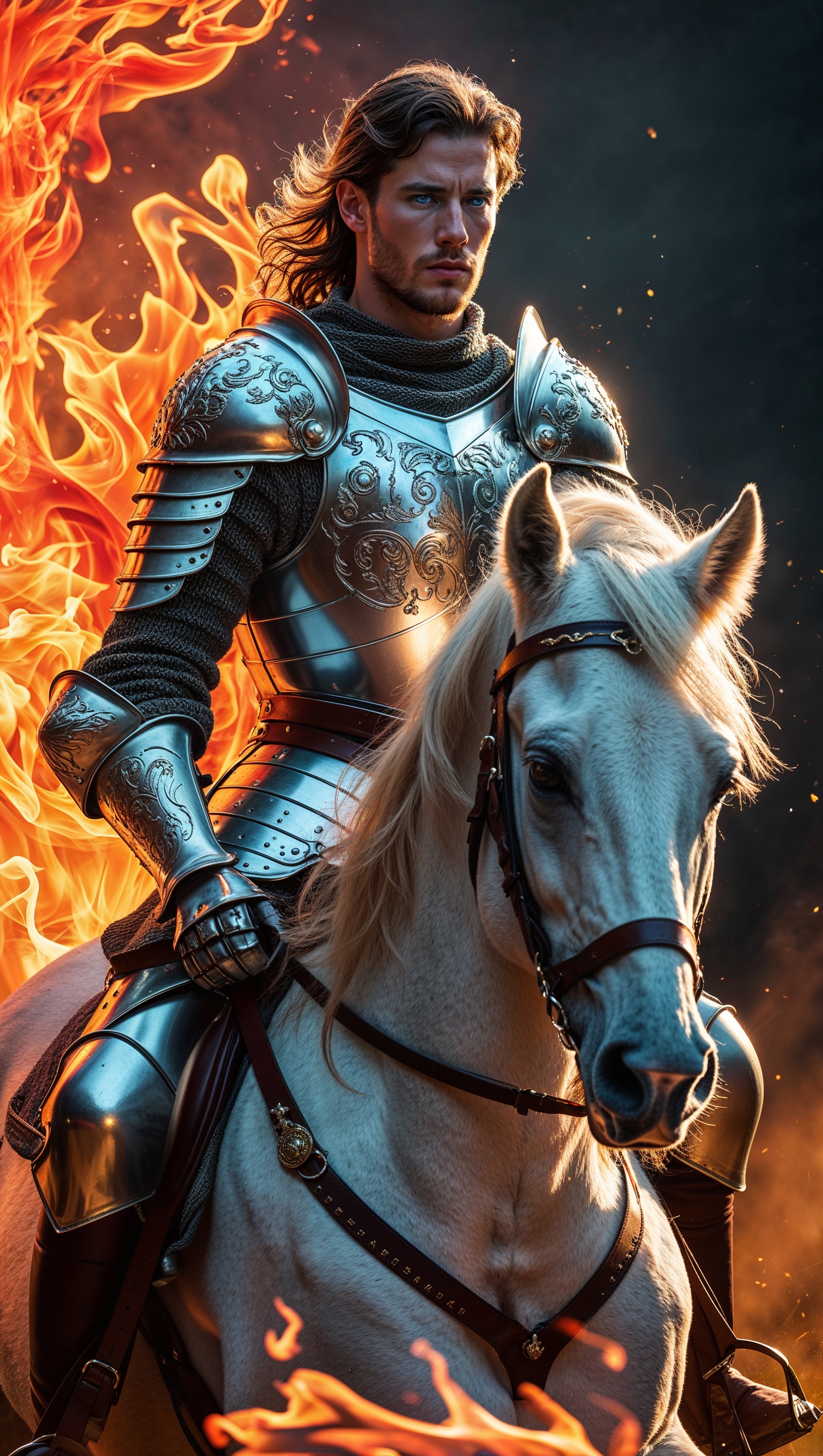 A knight riding through magical flames