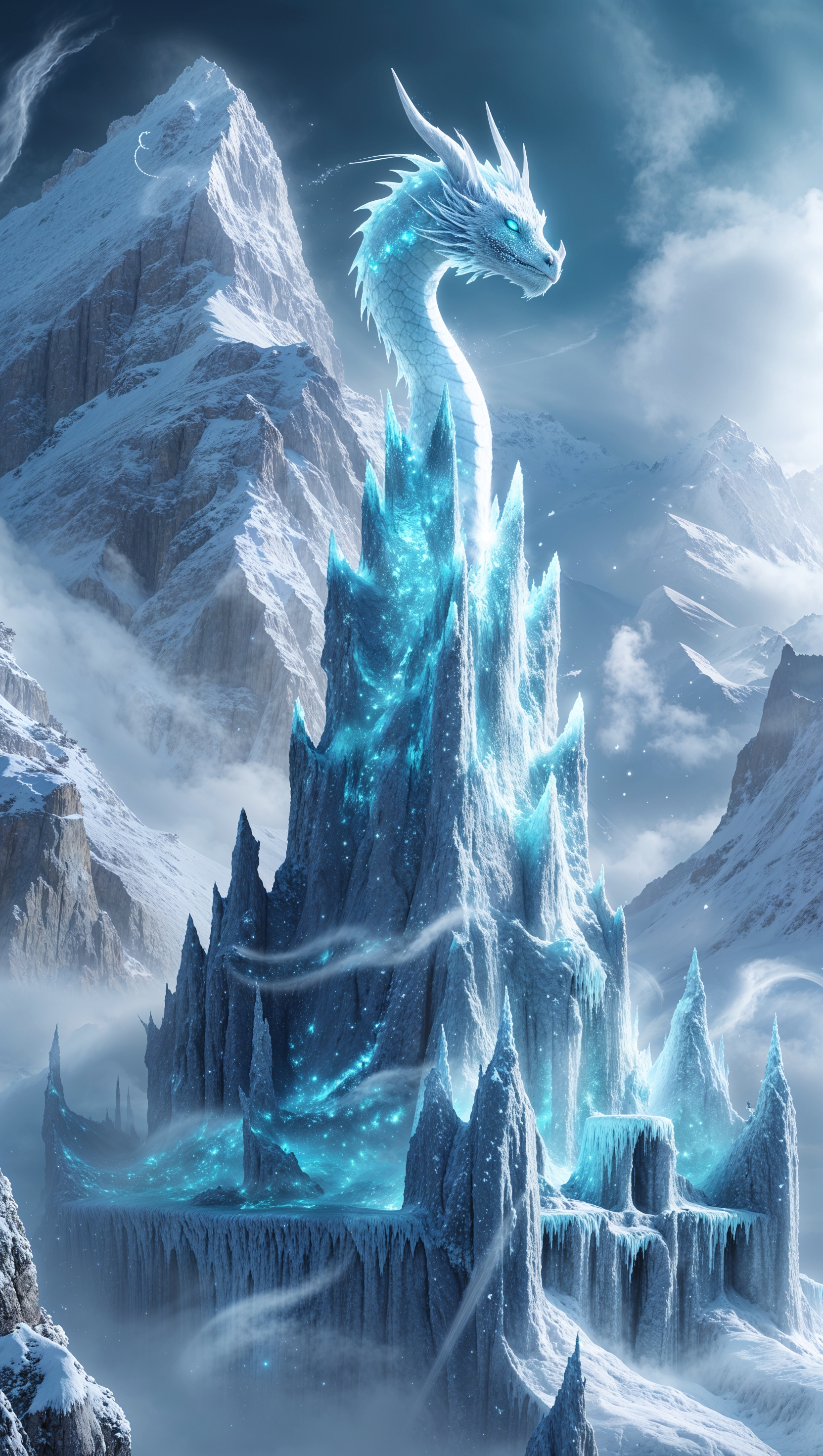 A hidden kingdom among icy mountains and a white dragon