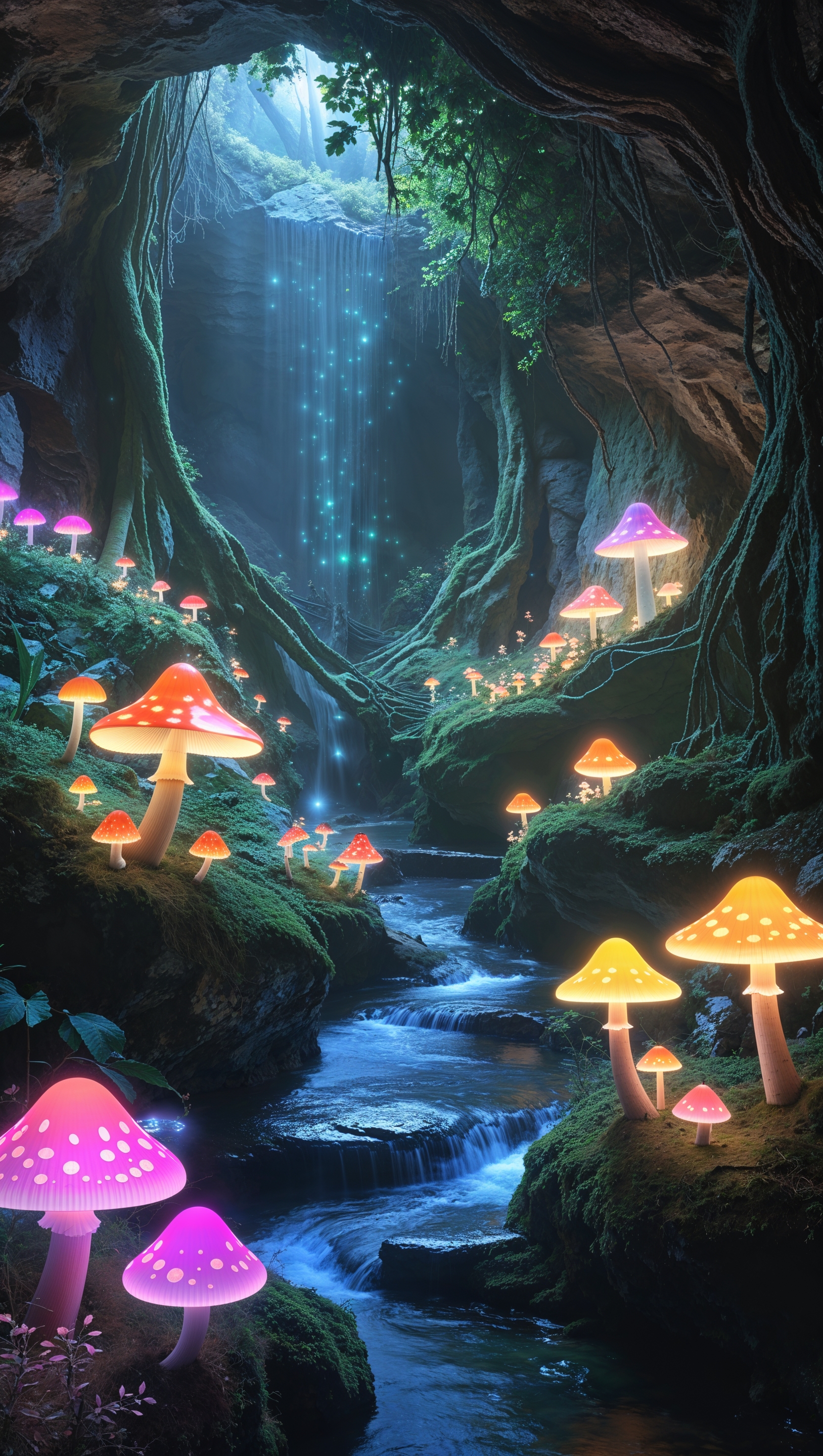An underground realm with glowing mushrooms and magical streams