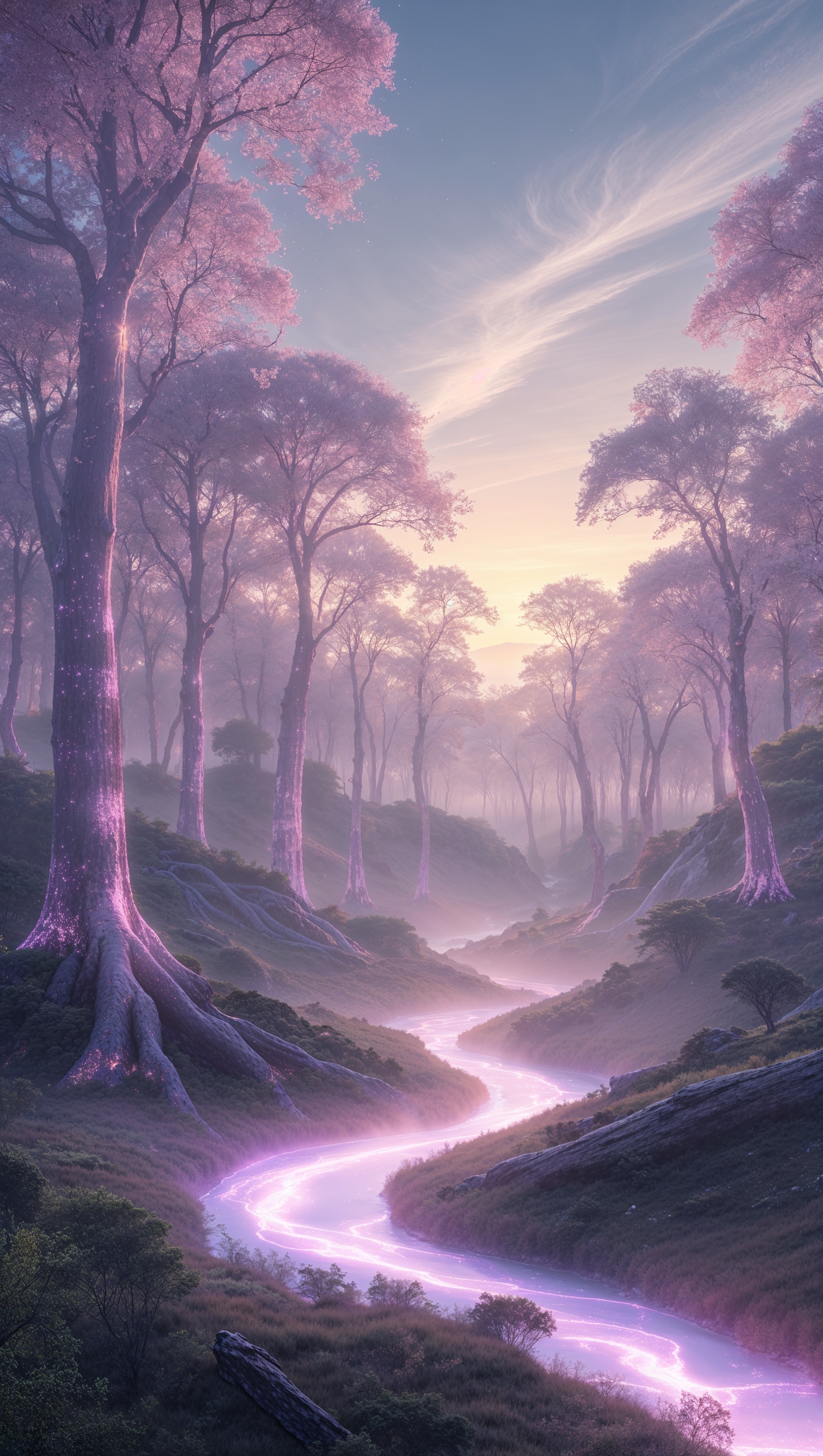 A land with pink trees and a river of light