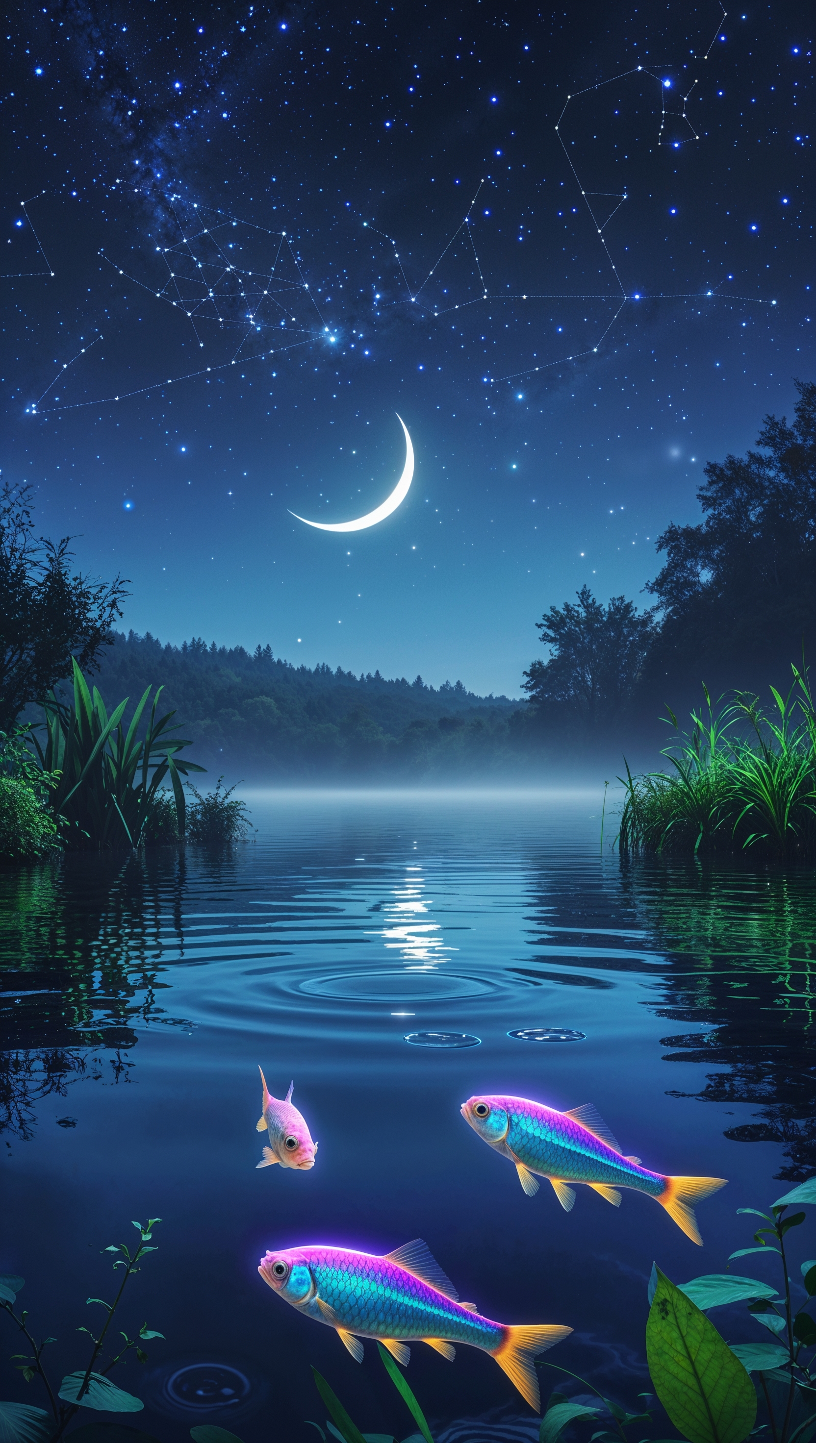 A lake with glowing fish under a starry night