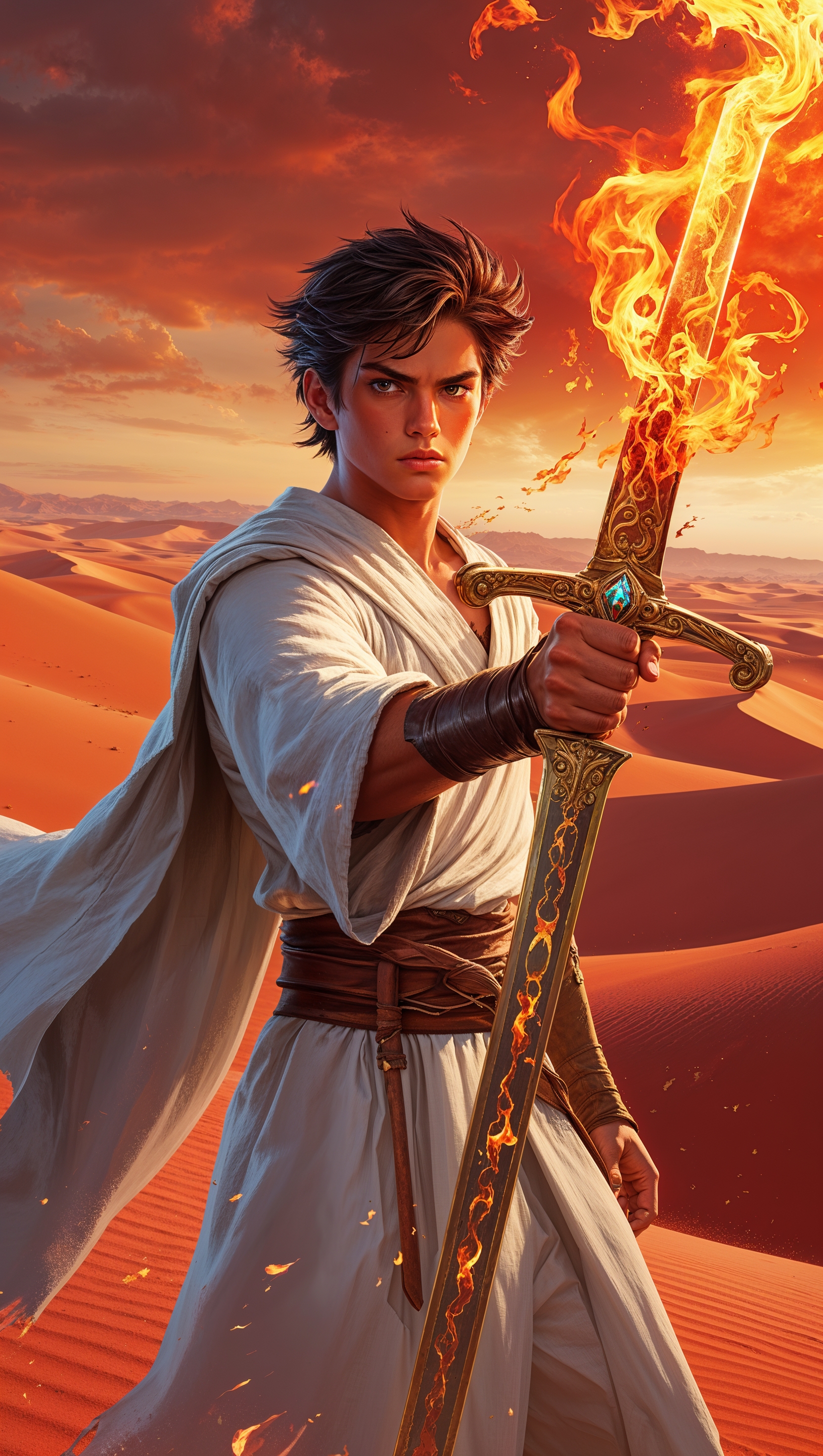 A young hero with a flaming sword in a red desert