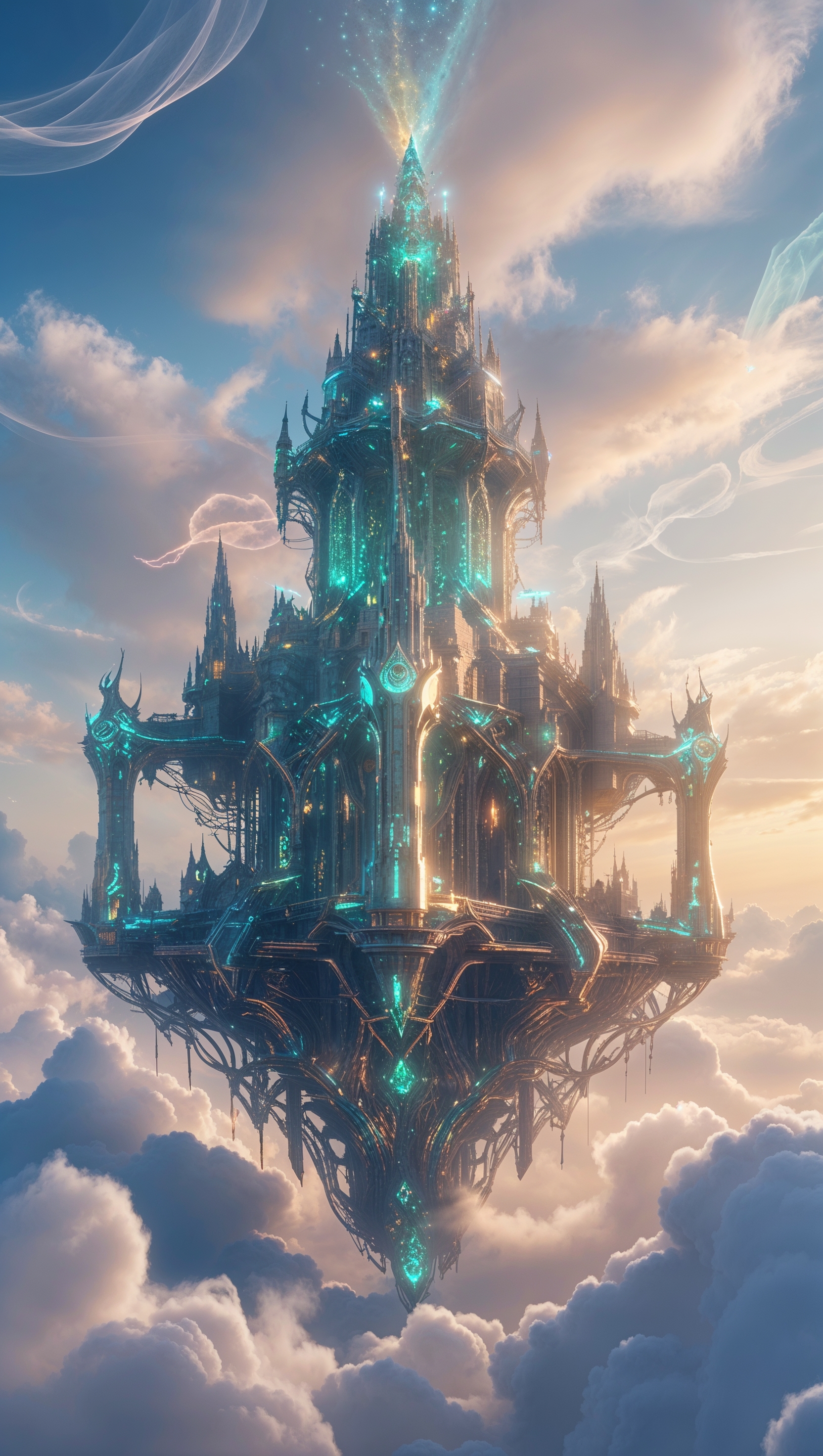 A floating city in the sky with magical technology