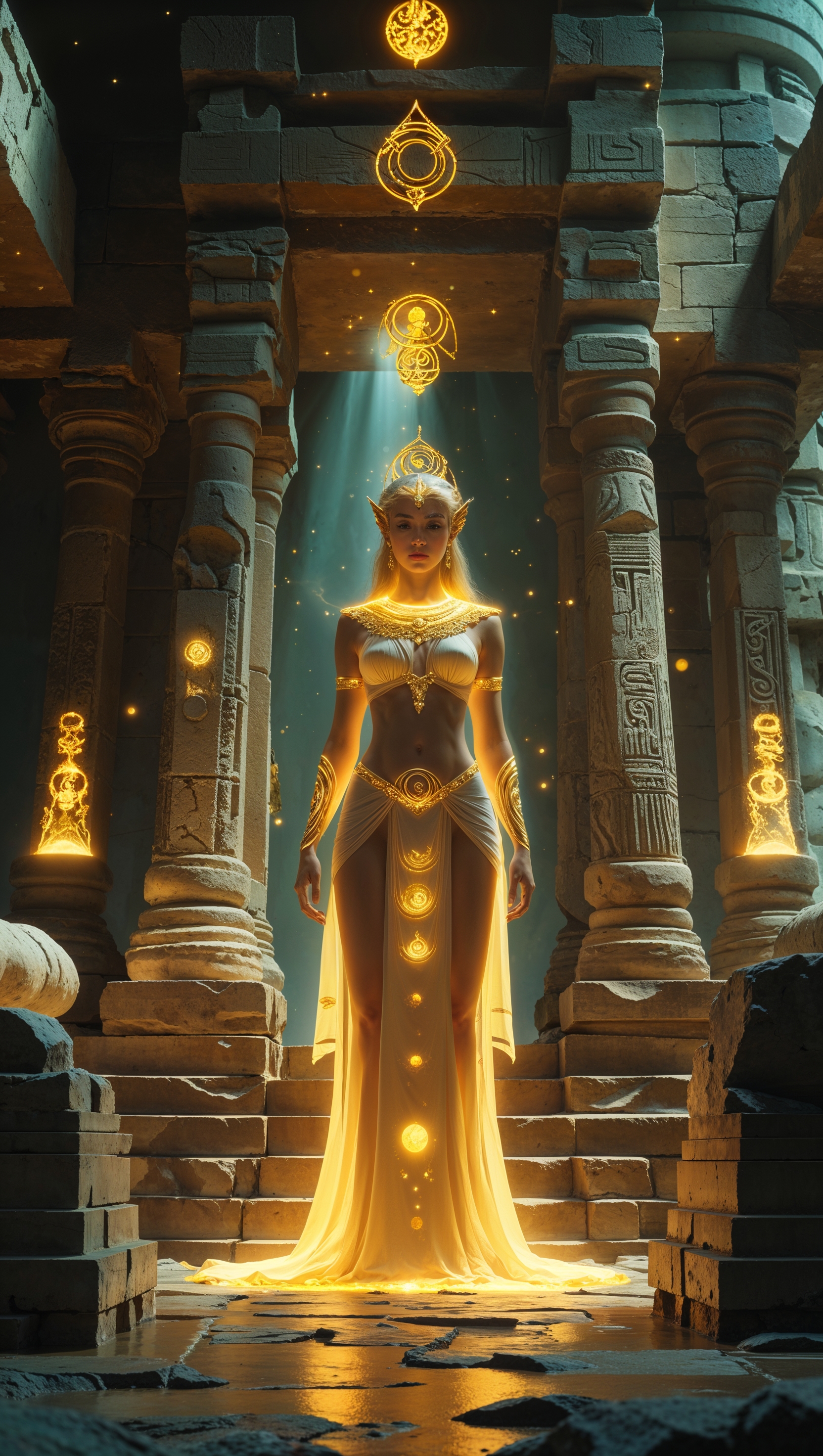A glowing goddess in the center of an ancient stone temple