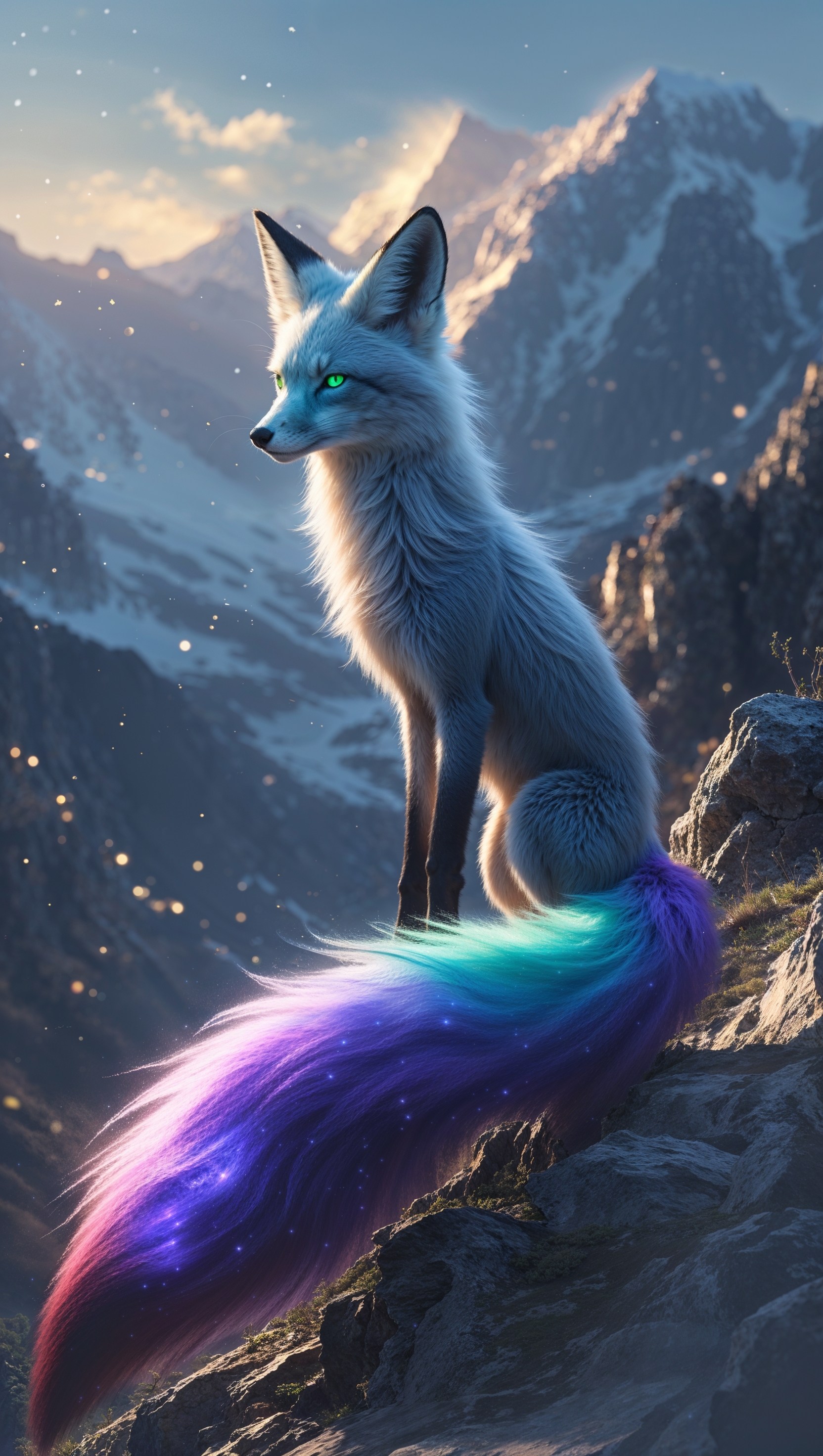 A magical fox with blue and purple tails in the mountains