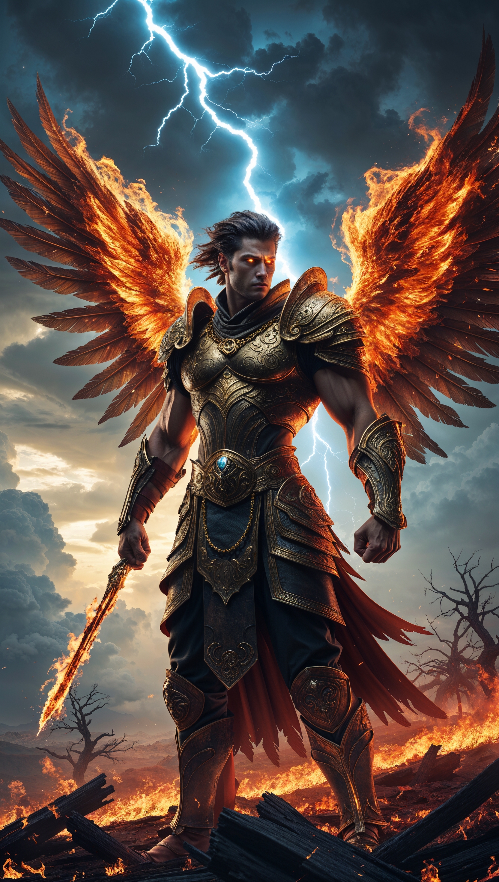 A warrior with fiery wings in a stormy sky