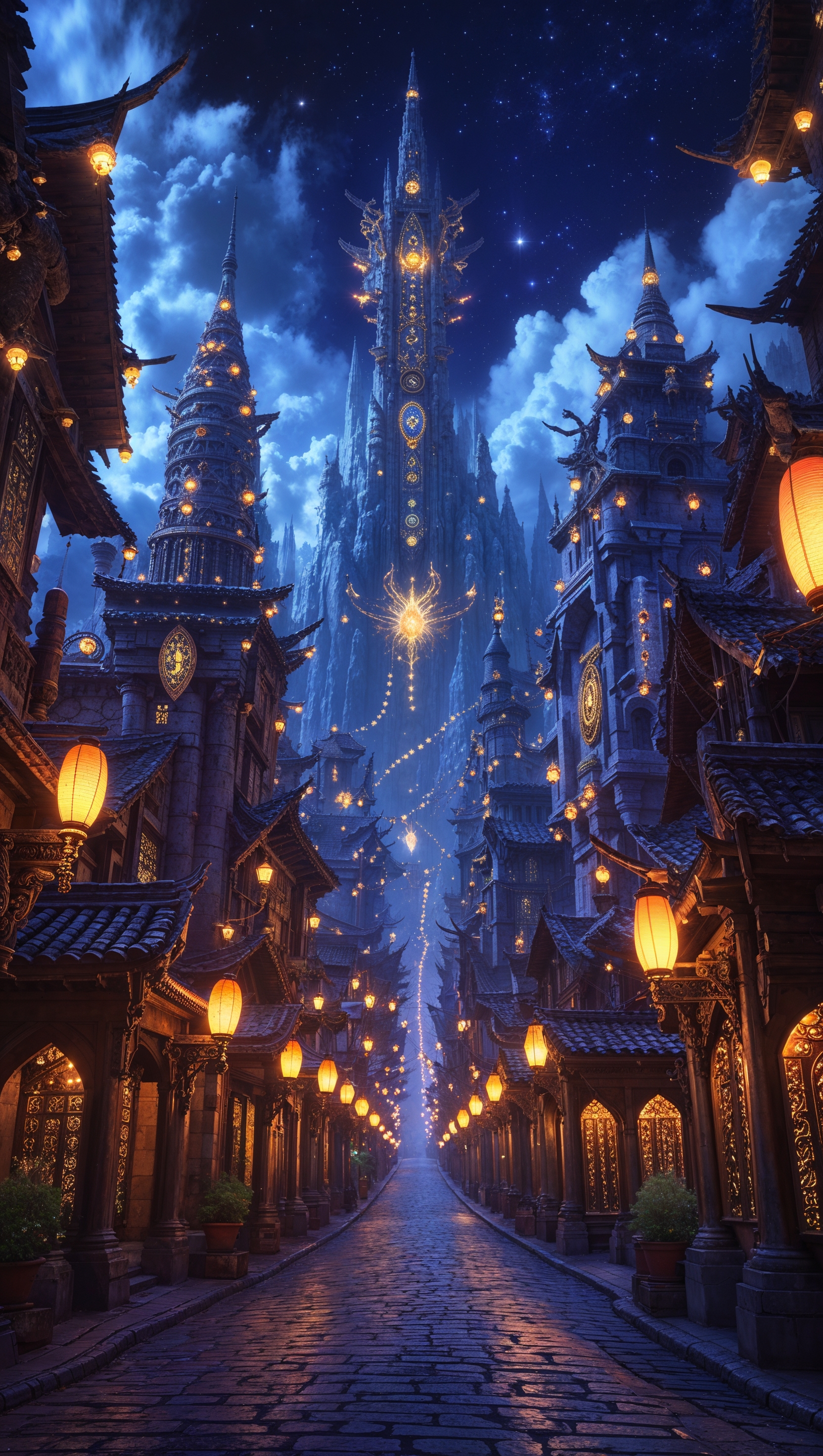 An ancient magical city glowing at night