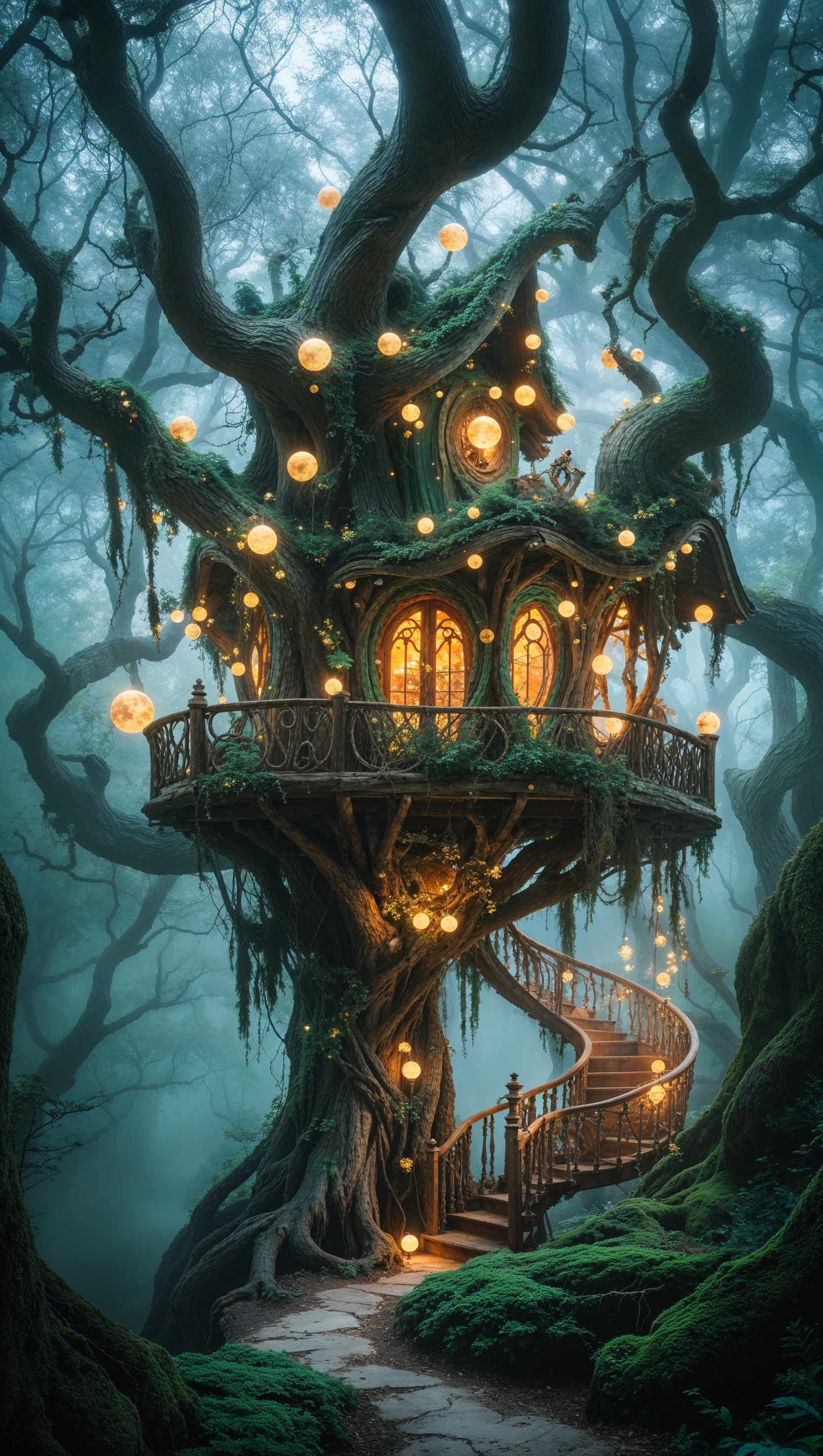 A treehouse in the heart of a fantasy forest with floating lights