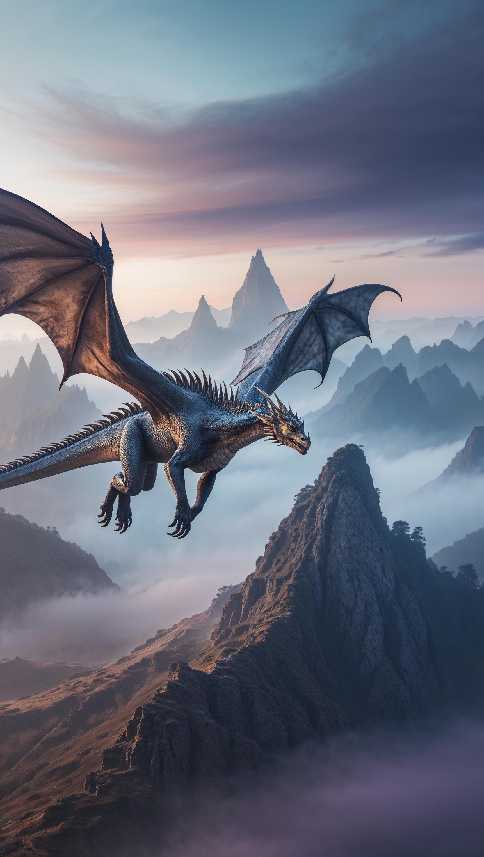 A giant dragon above a misty mountain, realistic fantasy style