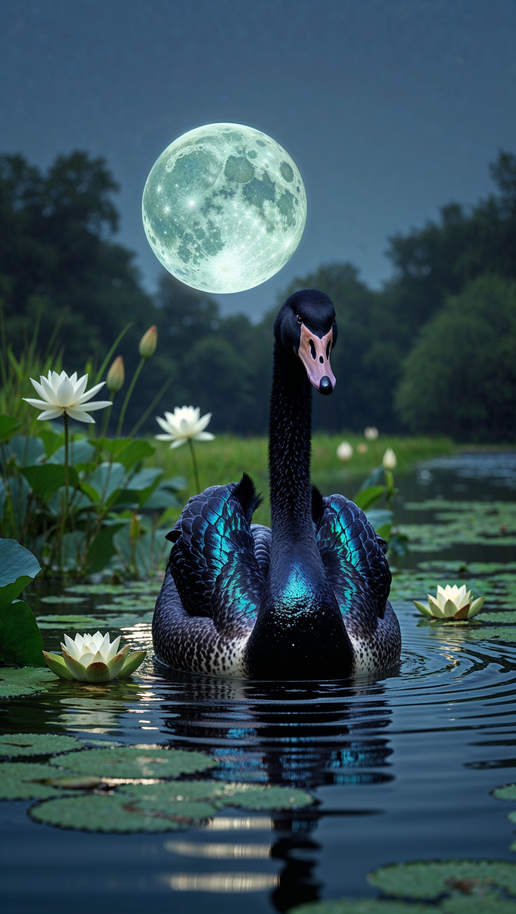 A fantasy black swan in a lake surrounded by moonlight