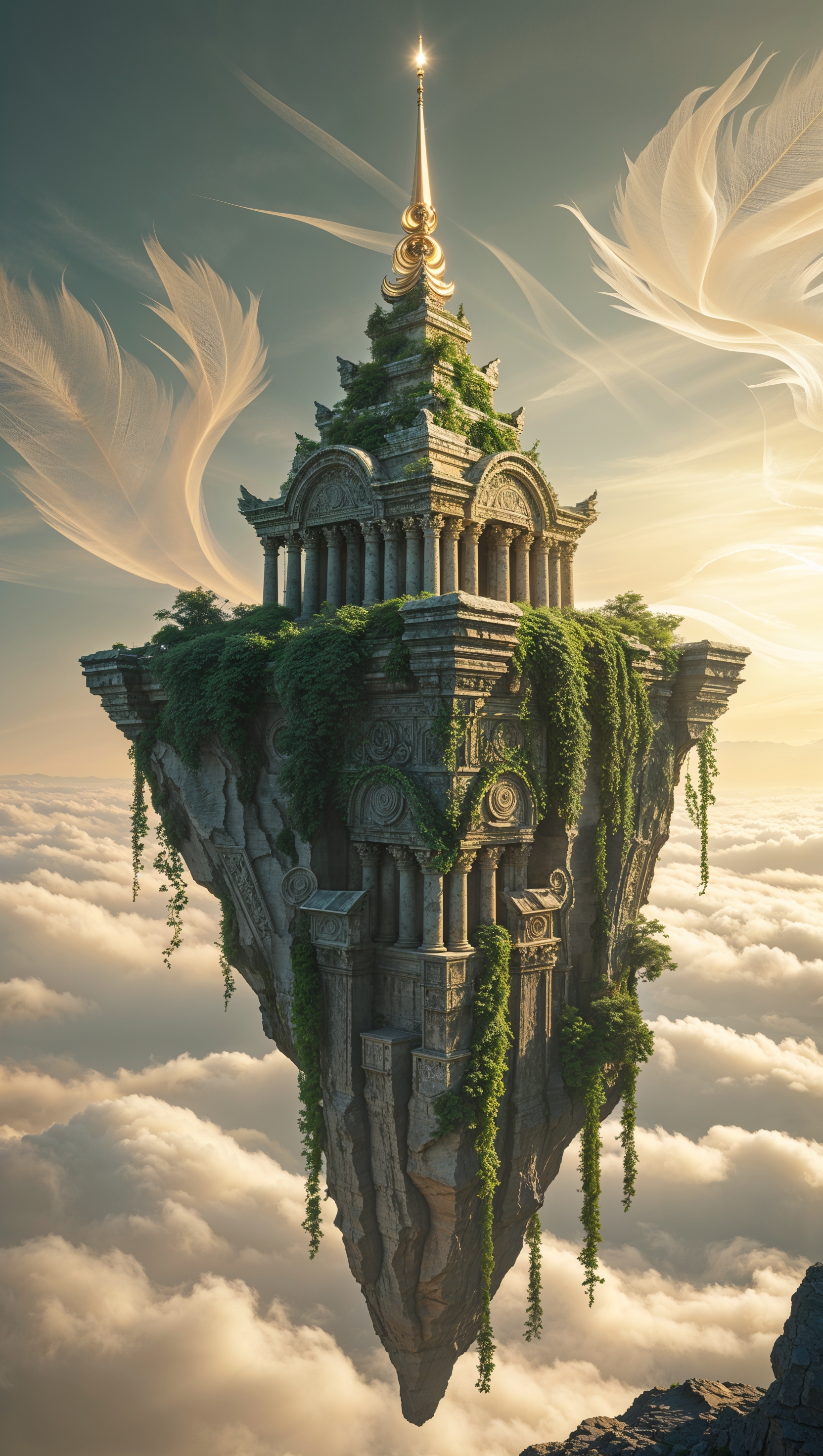 A fantasy temple floating on a cliff in the sky