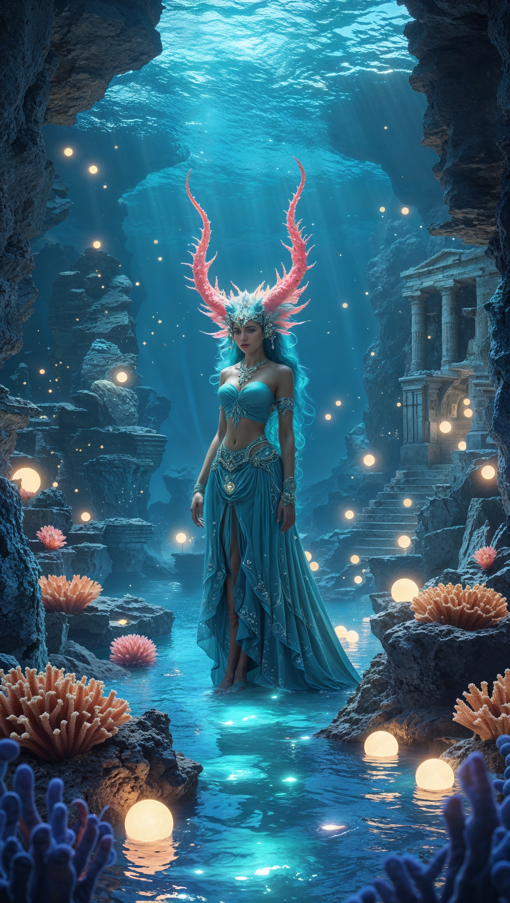 An underwater world with mythical sea creatures