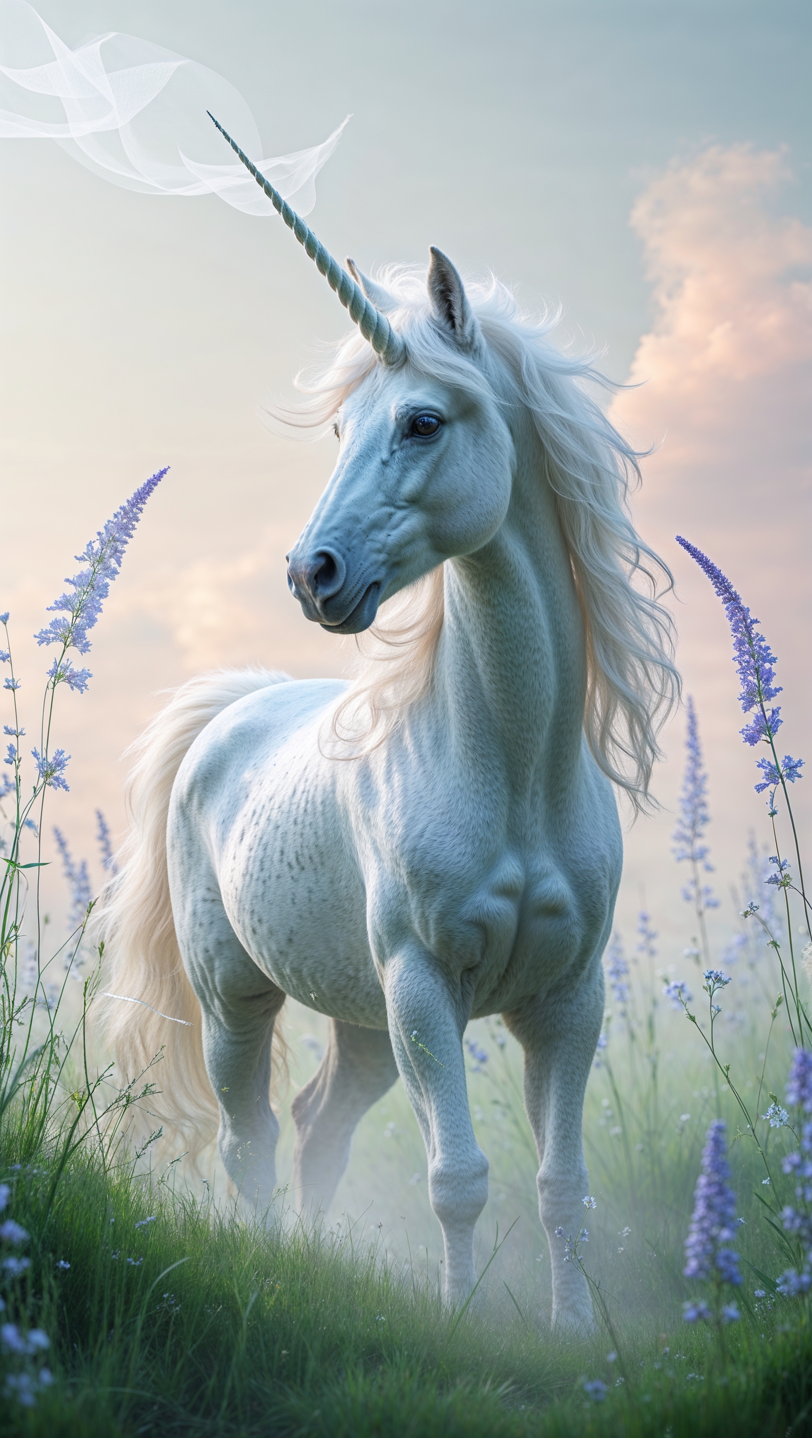 A white unicorn in a misty fantasy meadow
