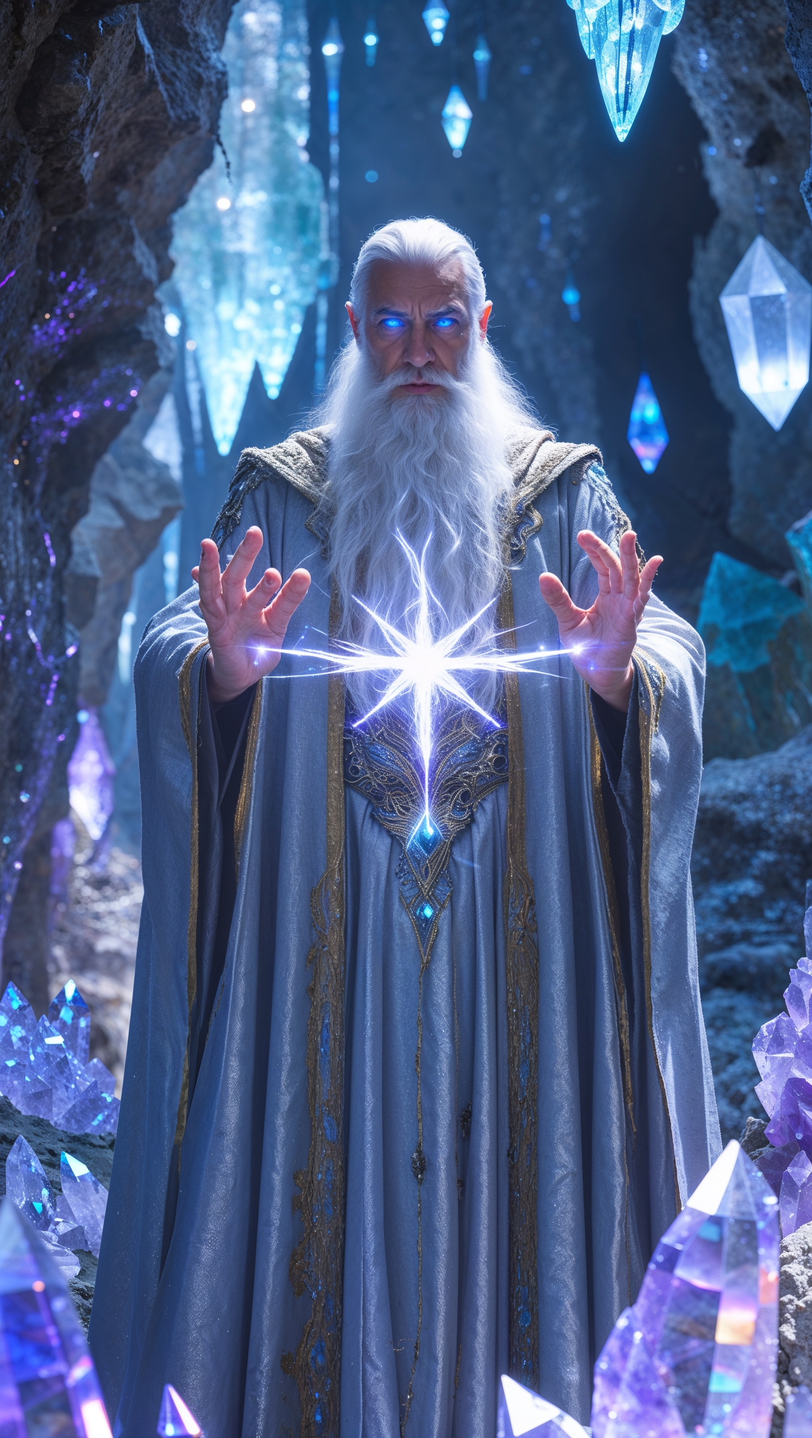 A wizard casting a spell in a crystal cave