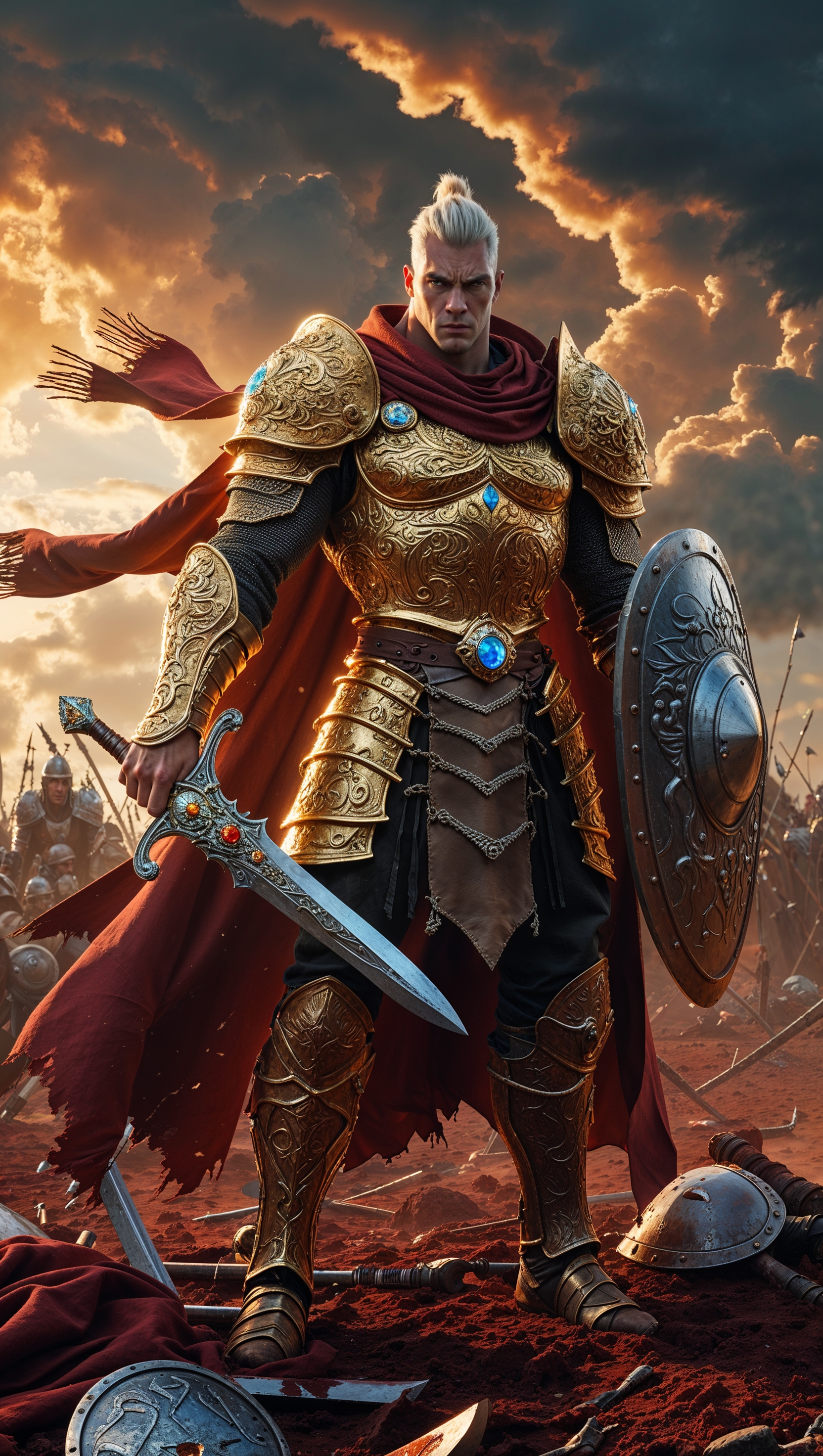 A fantasy warrior in golden armor on a legendary battlefield