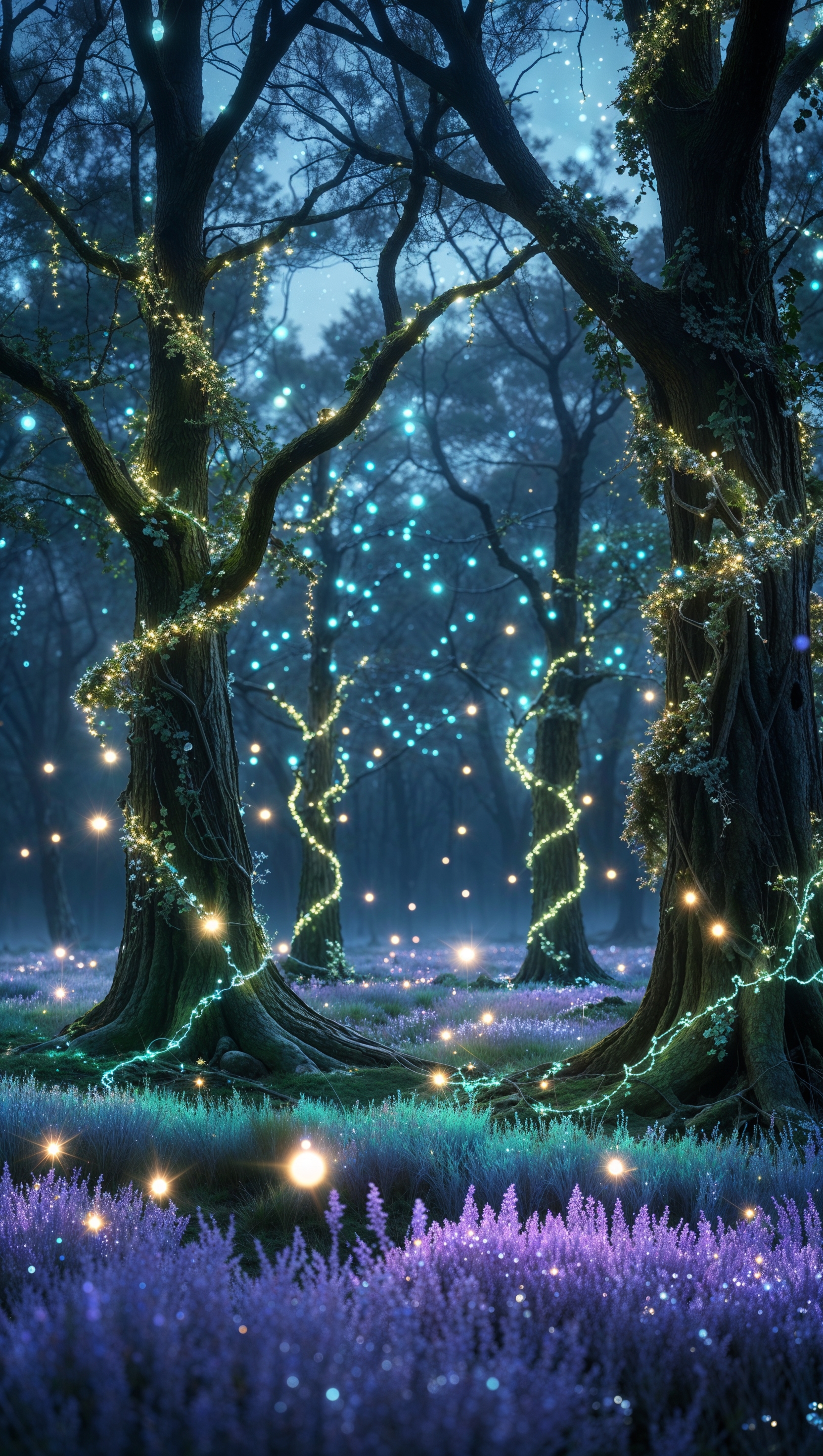 A mystical forest with magical lights and glowing trees