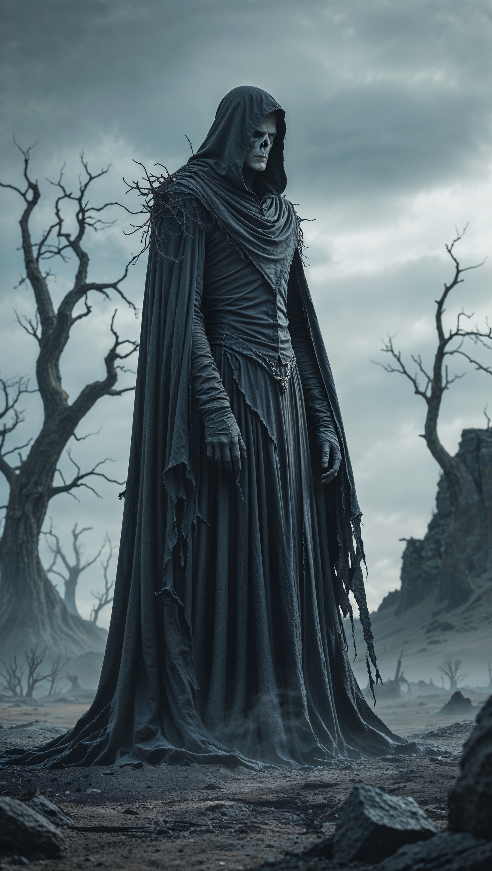 The dark king with a black cloak in a desolate land