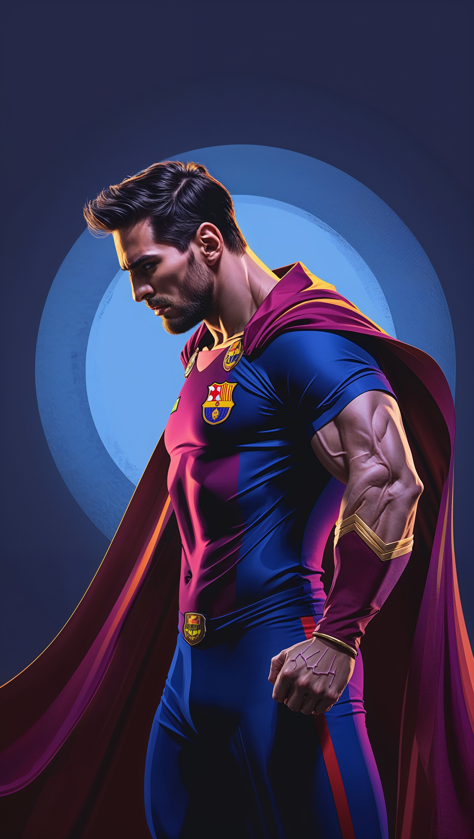 Conceptual art of Barça as a superhero with blue and garnet cape