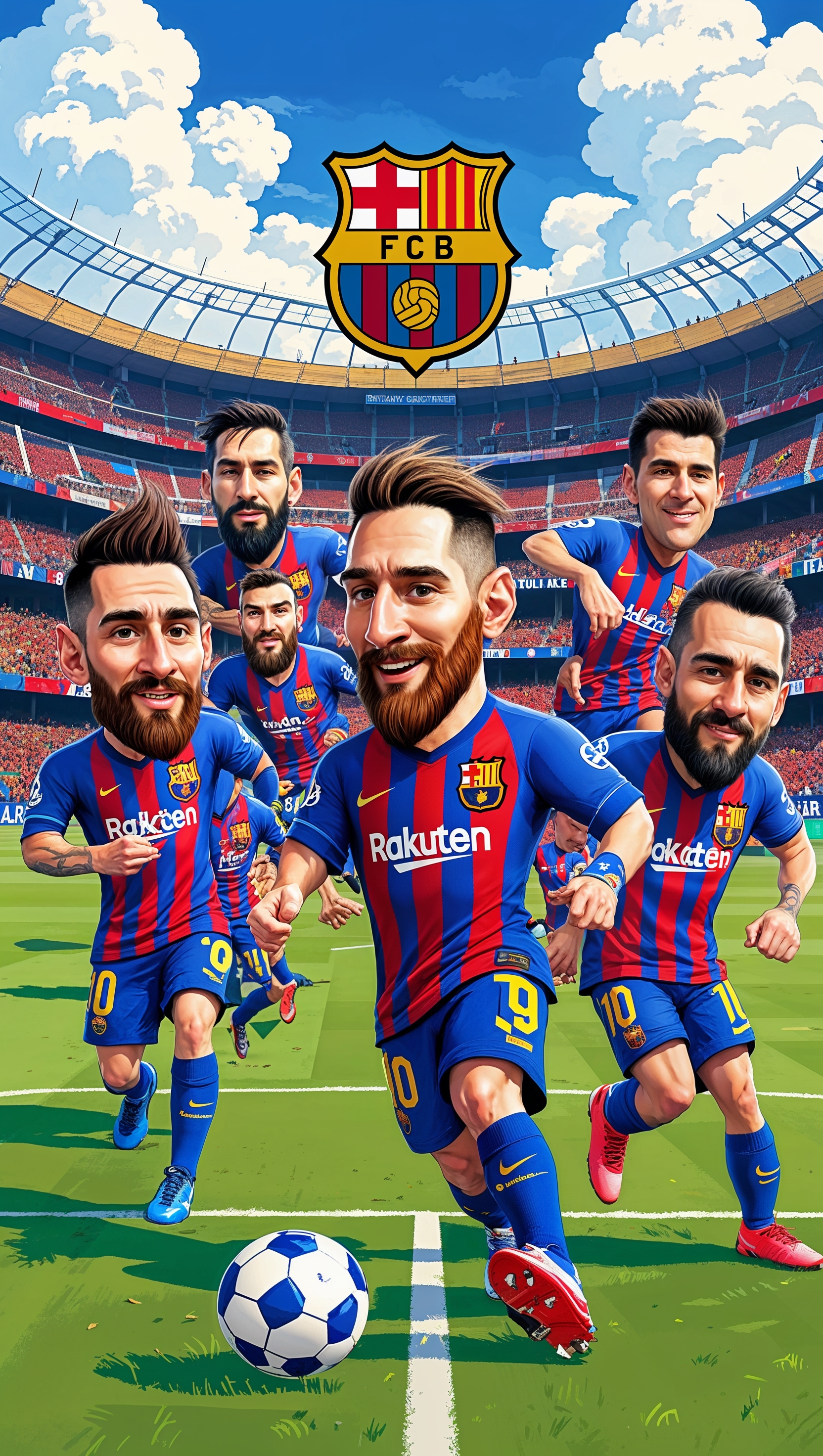 Cartoon-style image of FC Barcelona team on the field