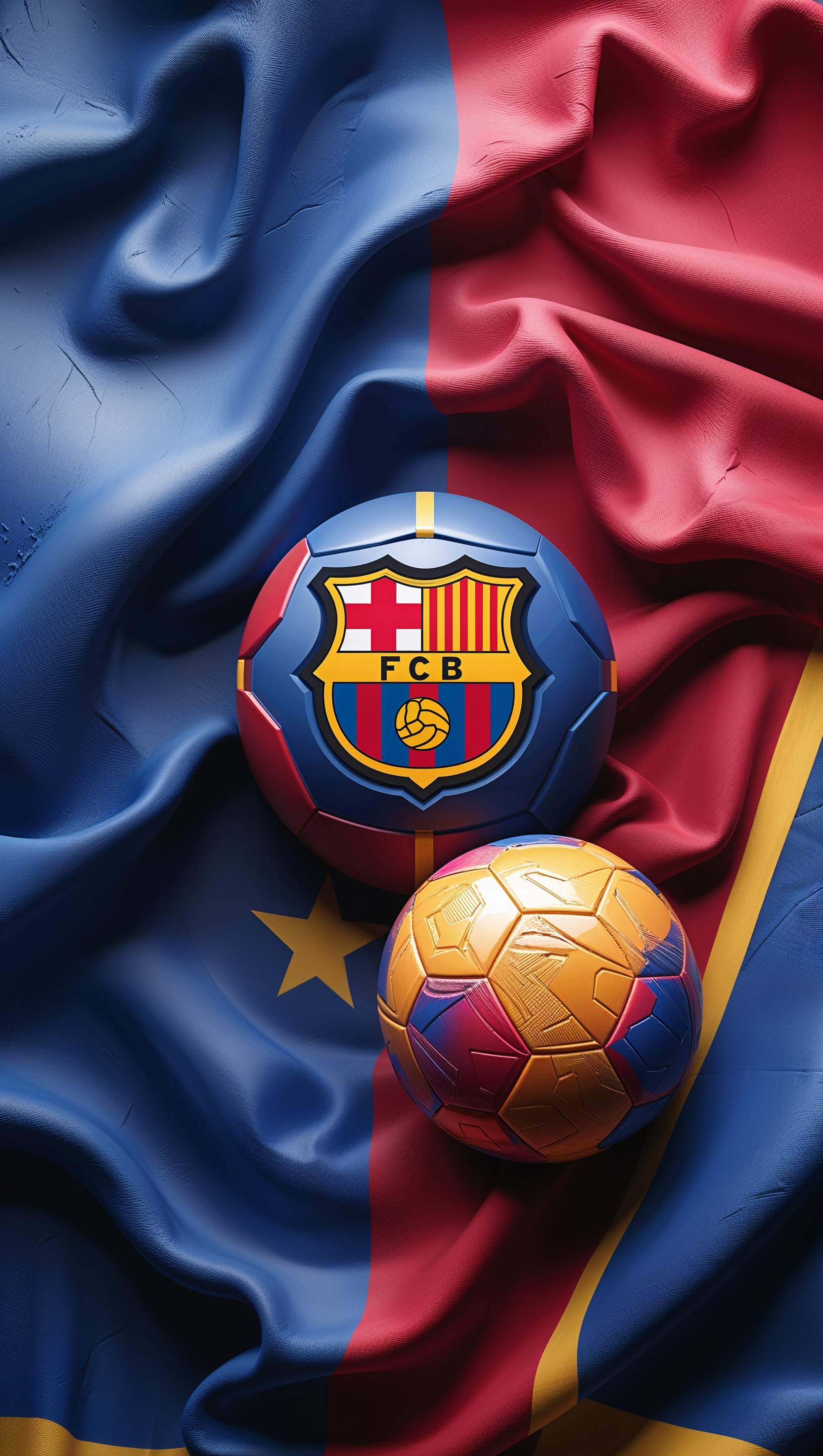 Graphic design with logo, ball, and Barcelona flag